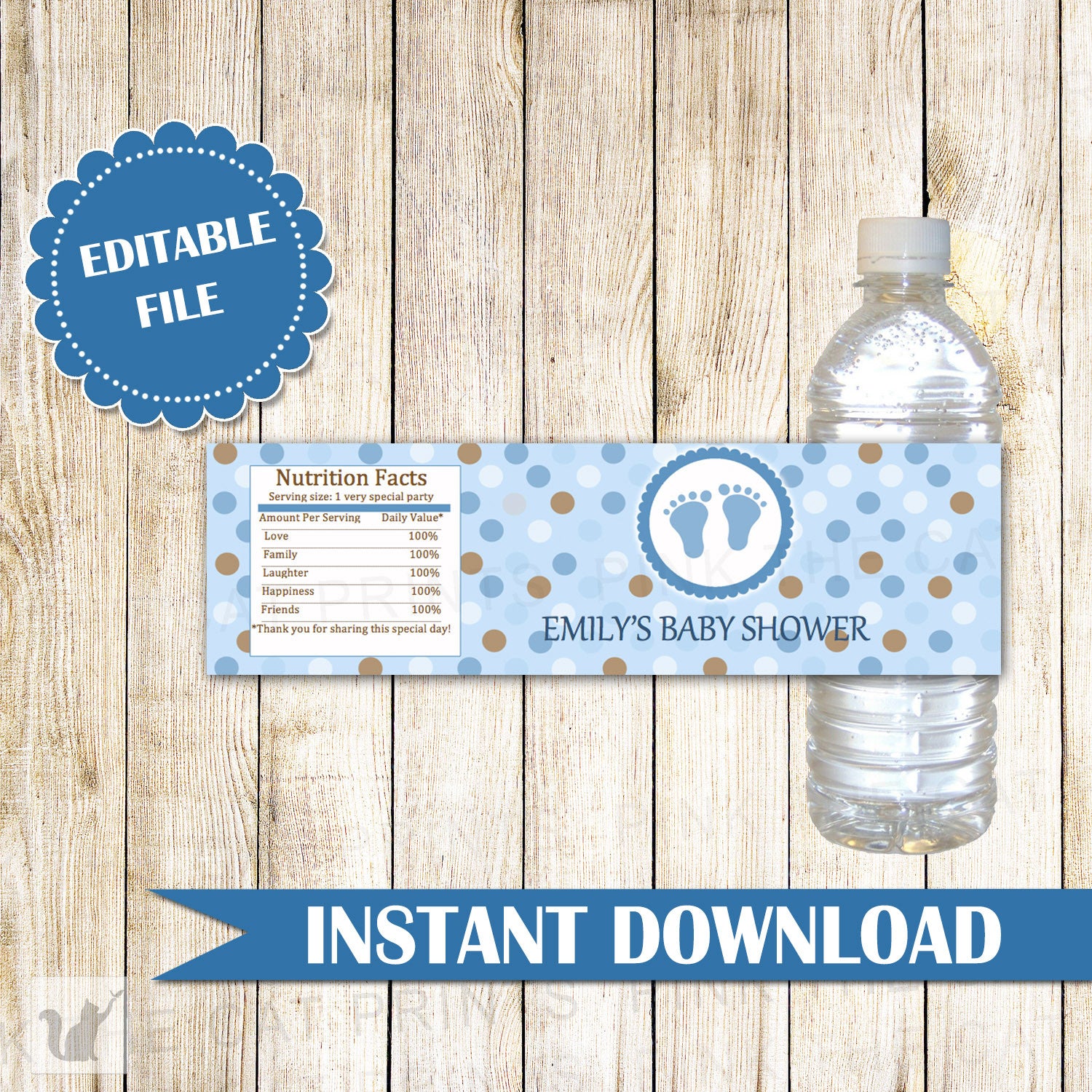 Baby Shower Bottle Label Blue Brown Polka Dots Boy