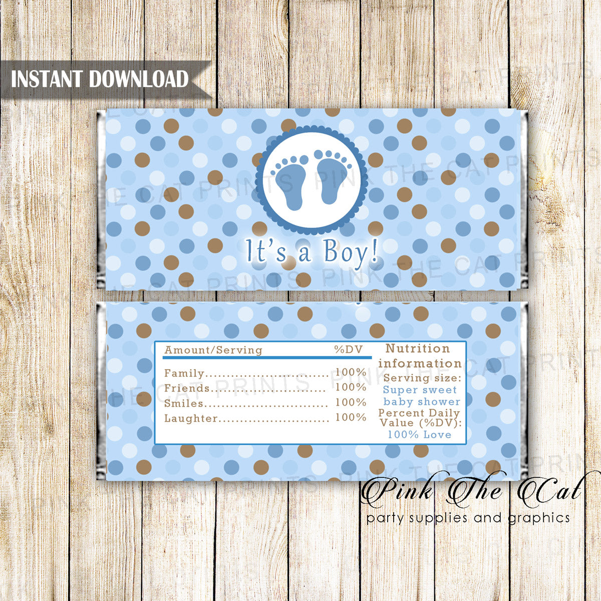 Baby Boy Shower Candy Bar Wrapper Label Blue Brown Printable
