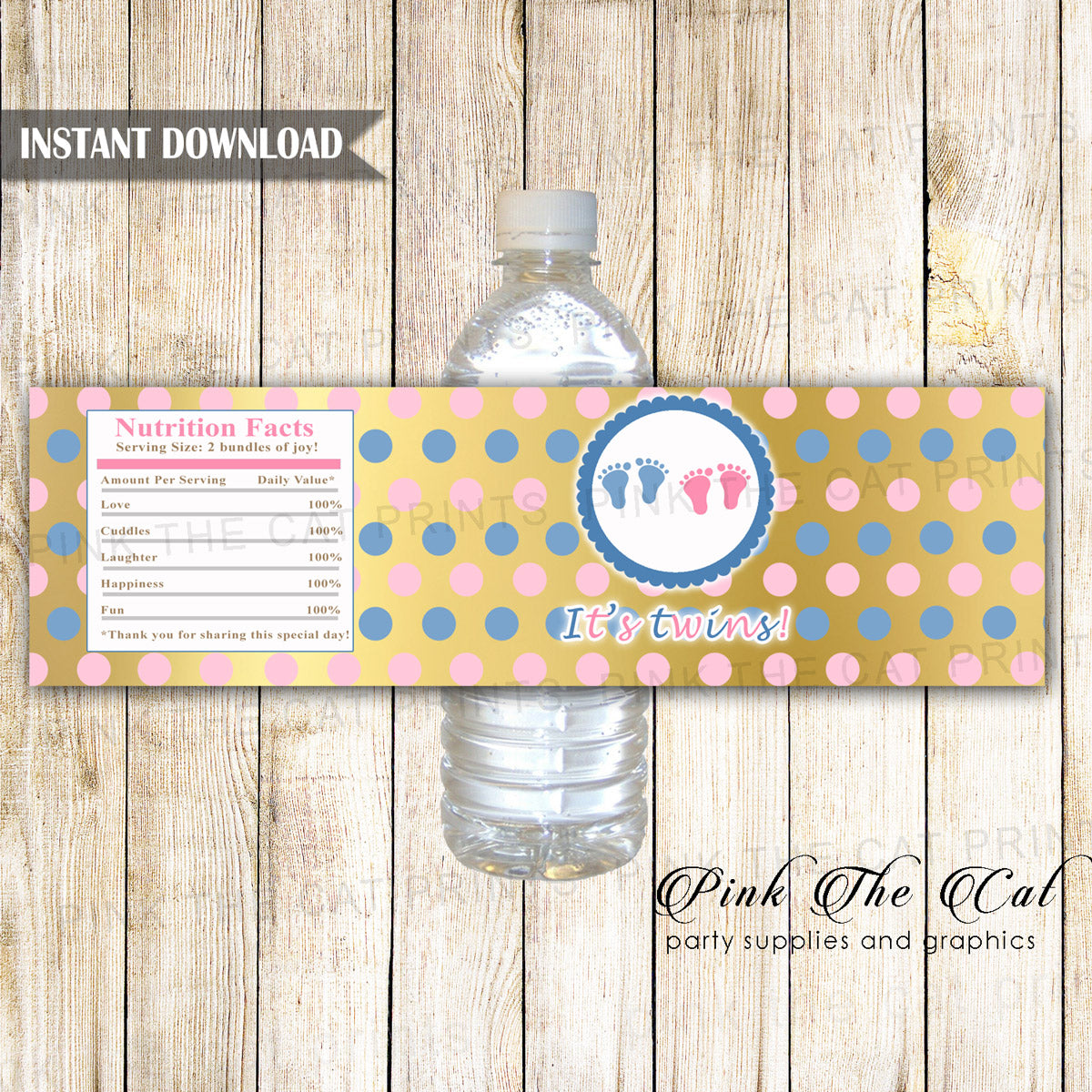 Twins Girl Boy Baby Shower Bottle Label Pink Blue Gold Printable