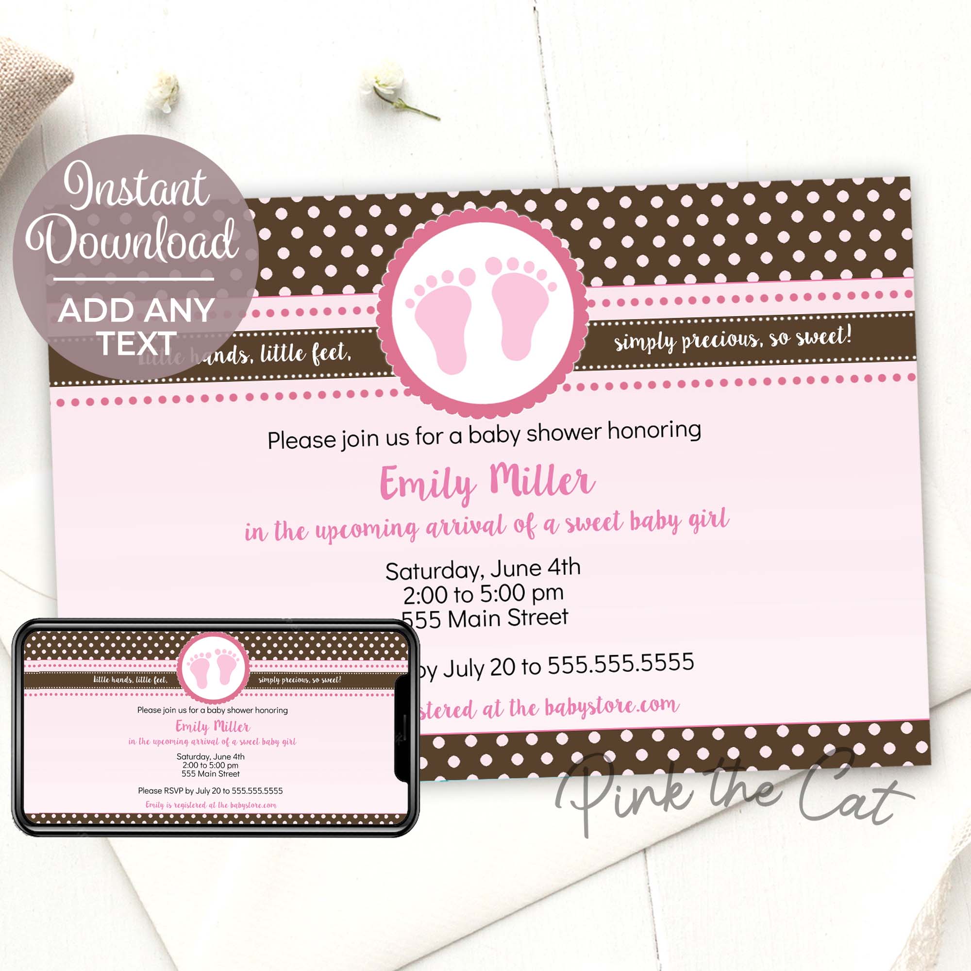 Baby Prints Shower Invitation Pink Brown Polka Dots