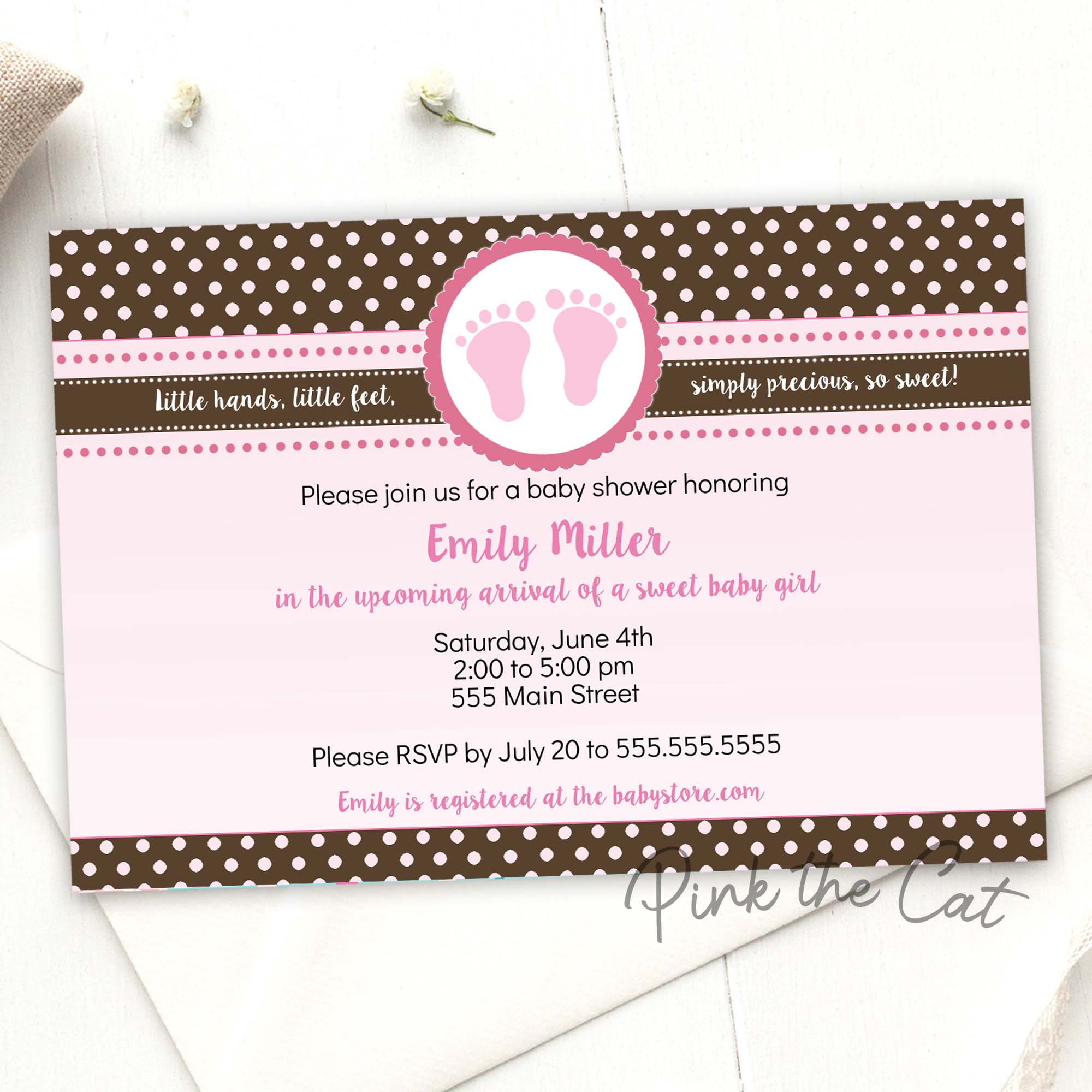 30 Baby Prints Shower Invitations Pink Brown Polka Dots