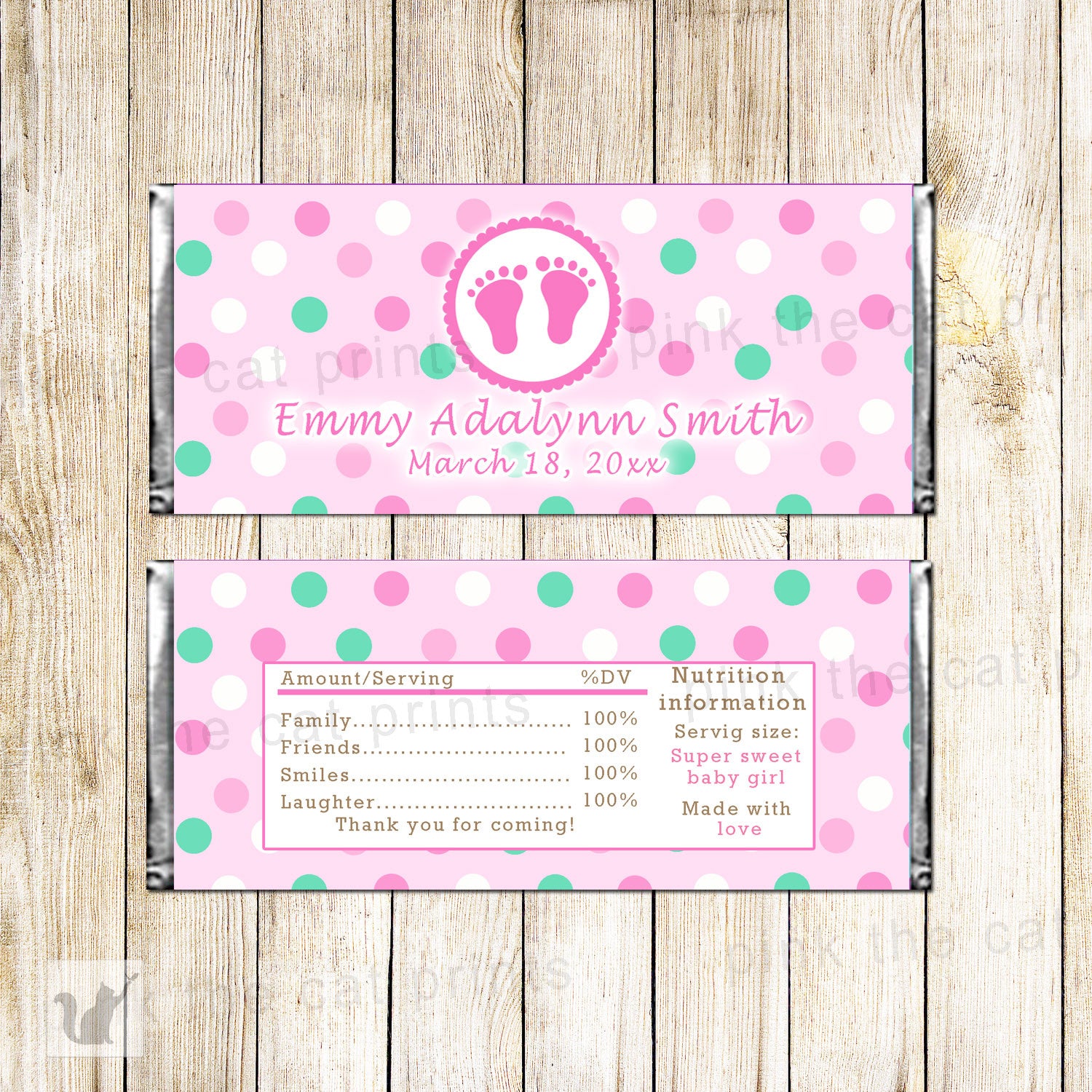 Candy Bar Label Wrapper Pink Green Baby Girl Shower