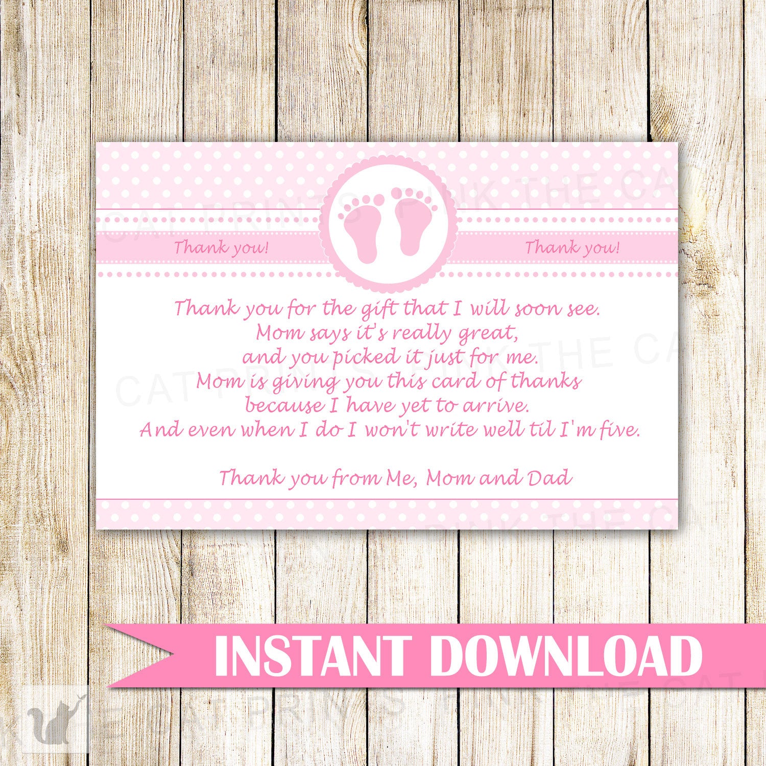 Baby Girl Shower Thank You Card Note Pink White