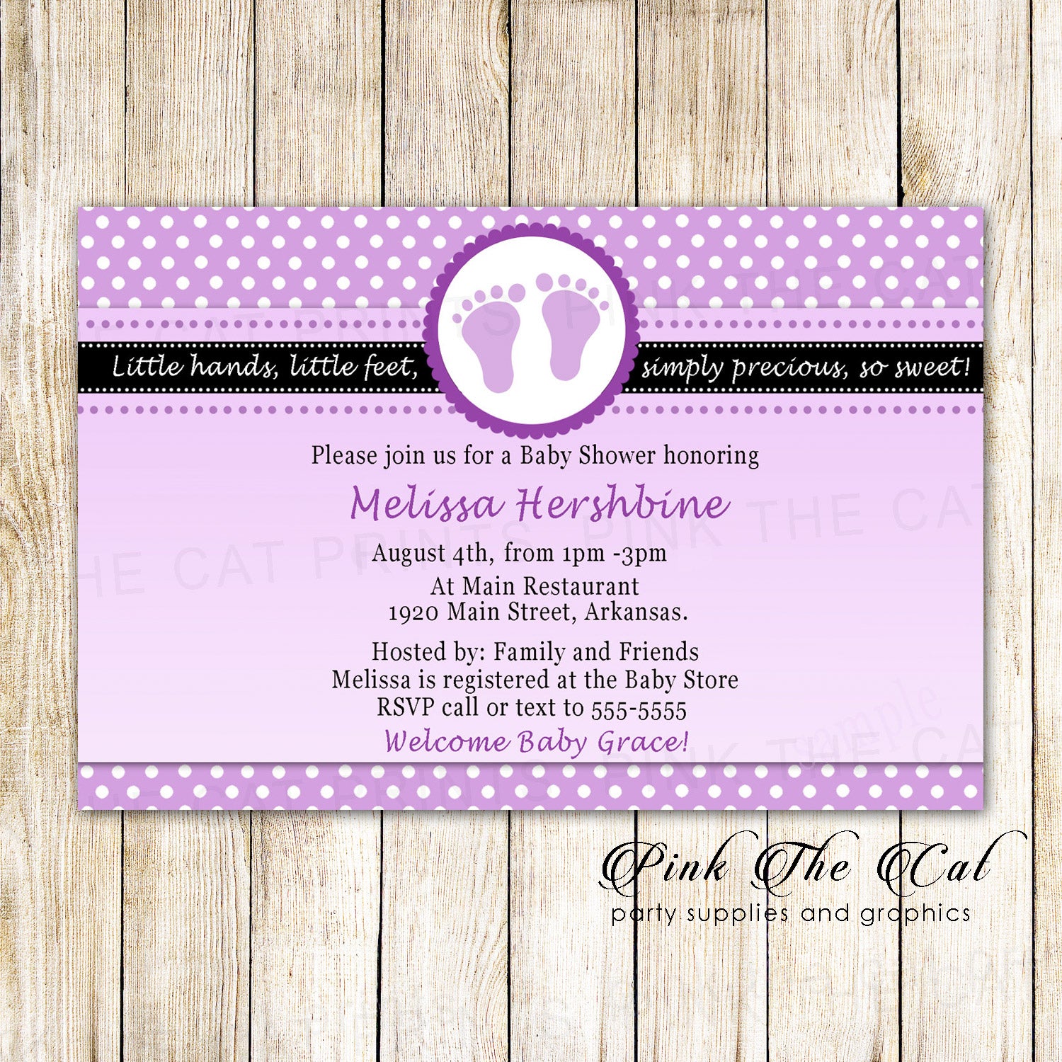 Purple Polka Dots Feet Baby Girl Shower Invitation