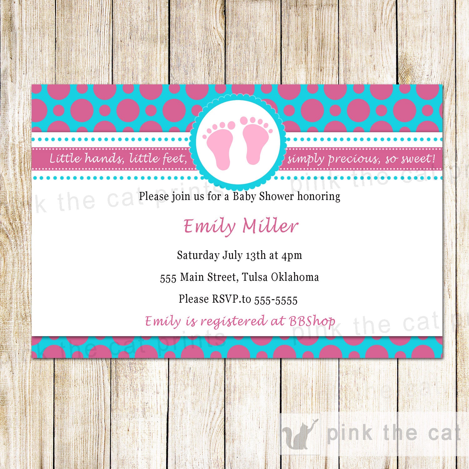 Baby Girl Shower Invitation Pink Teal Polka Dots Feet