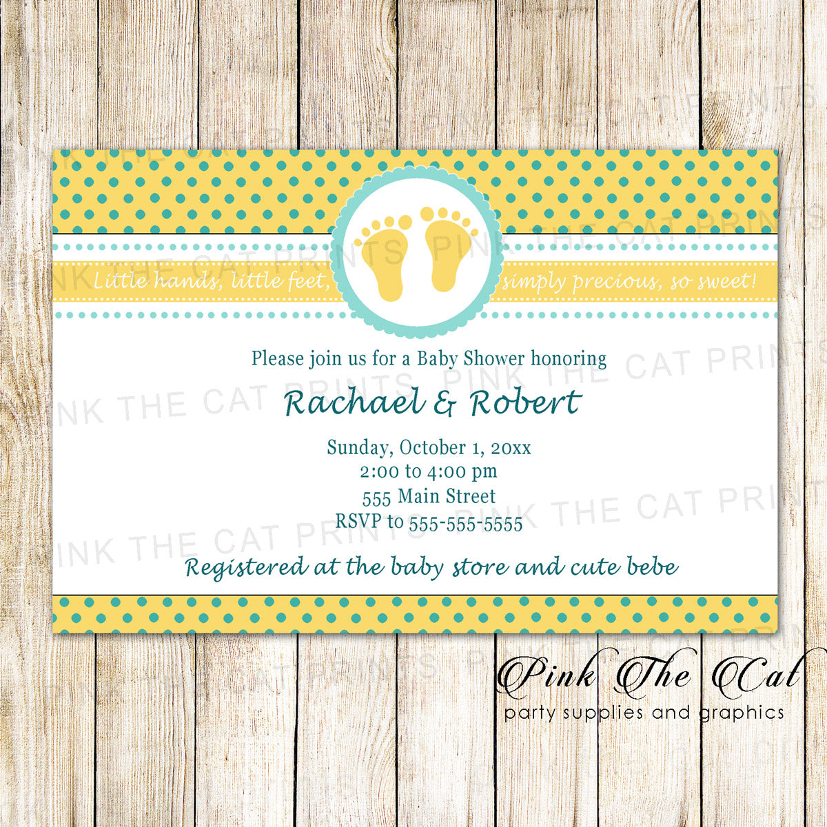 Footprints Invitation Baby Shower Turquoise Yellow printable