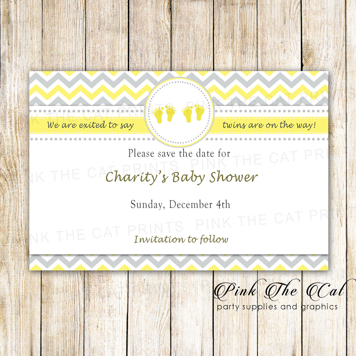 Twins Baby Shower Save The Date Cards Yellow Gray Printable