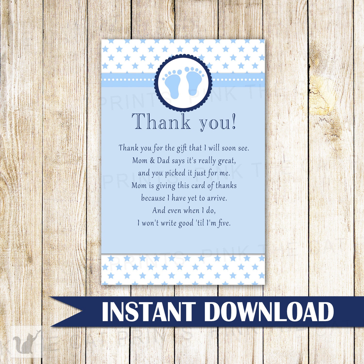 Baby Boy Shower Thank You Card Note Blue Stars