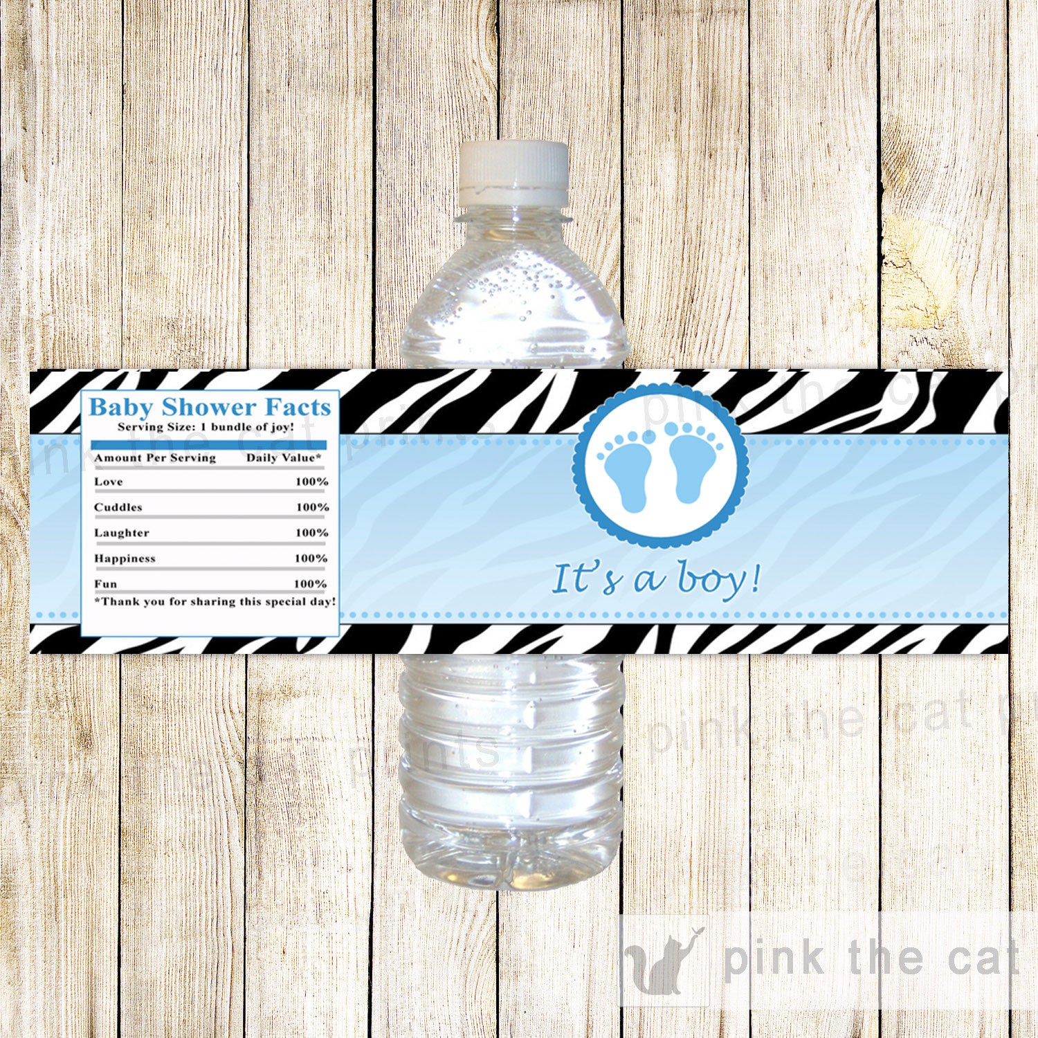 Baby Boy Shower Water Bottle Label Wrapper Blue Zebra Feet