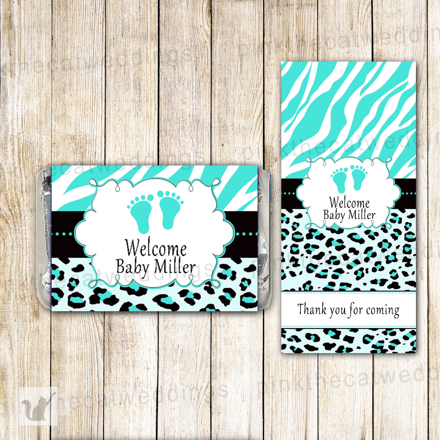Unisex Baby Shower Mini Candy Wrapper Label Turquoise Zebra