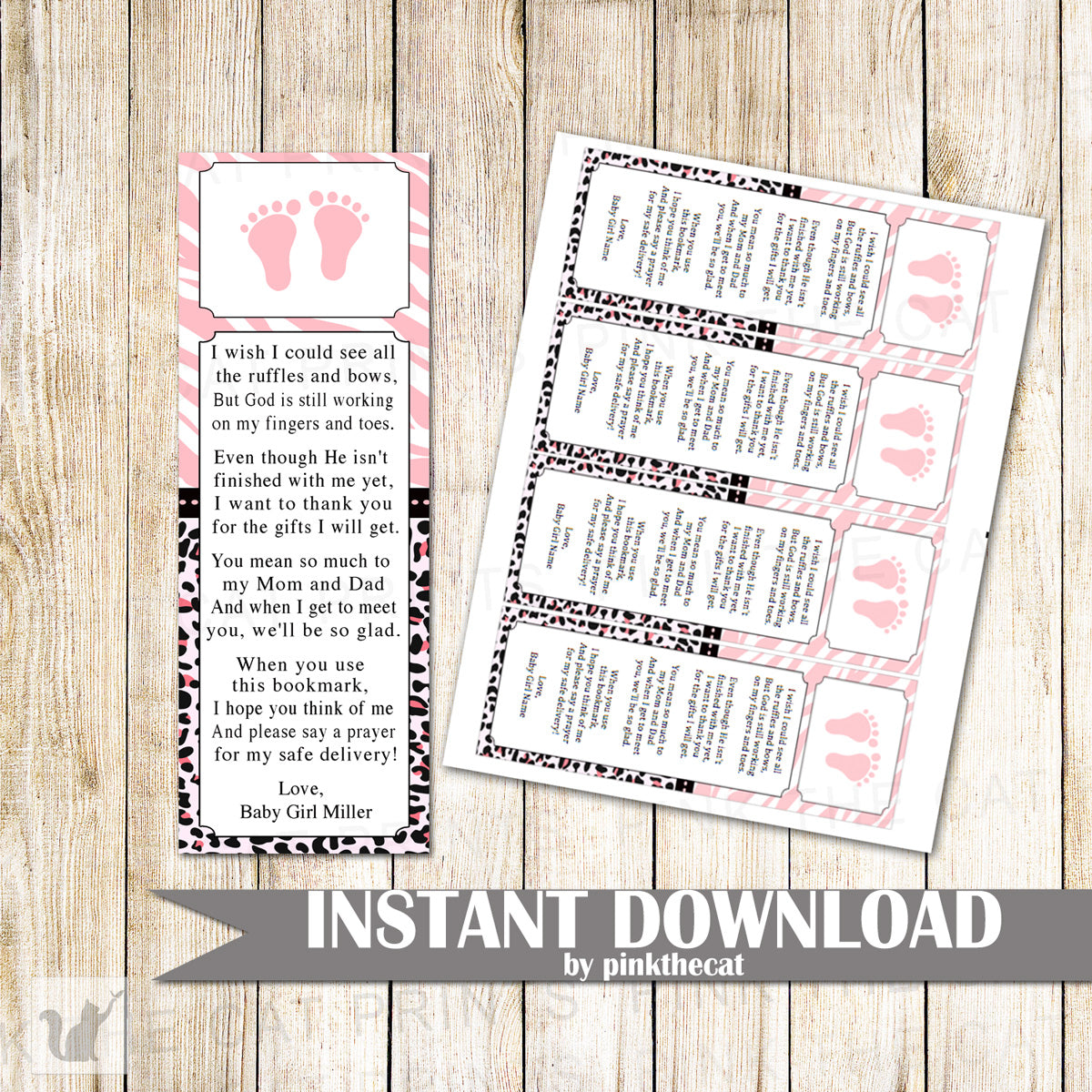 Bookmark Favor Baby Girl Shower Pink Zebra Footprints Printable