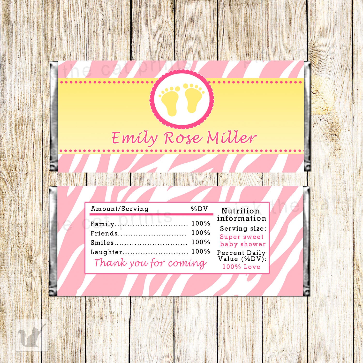 Baby Girl Shower Candy Bar Wrapper Label Pink Zebra Yellow
