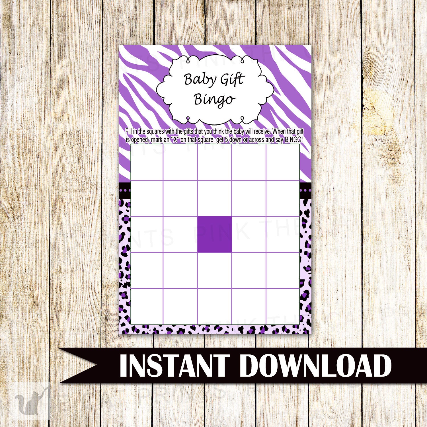 Baby Gift Bingo Card Baby Girl Shower Purple Zebra Leopard