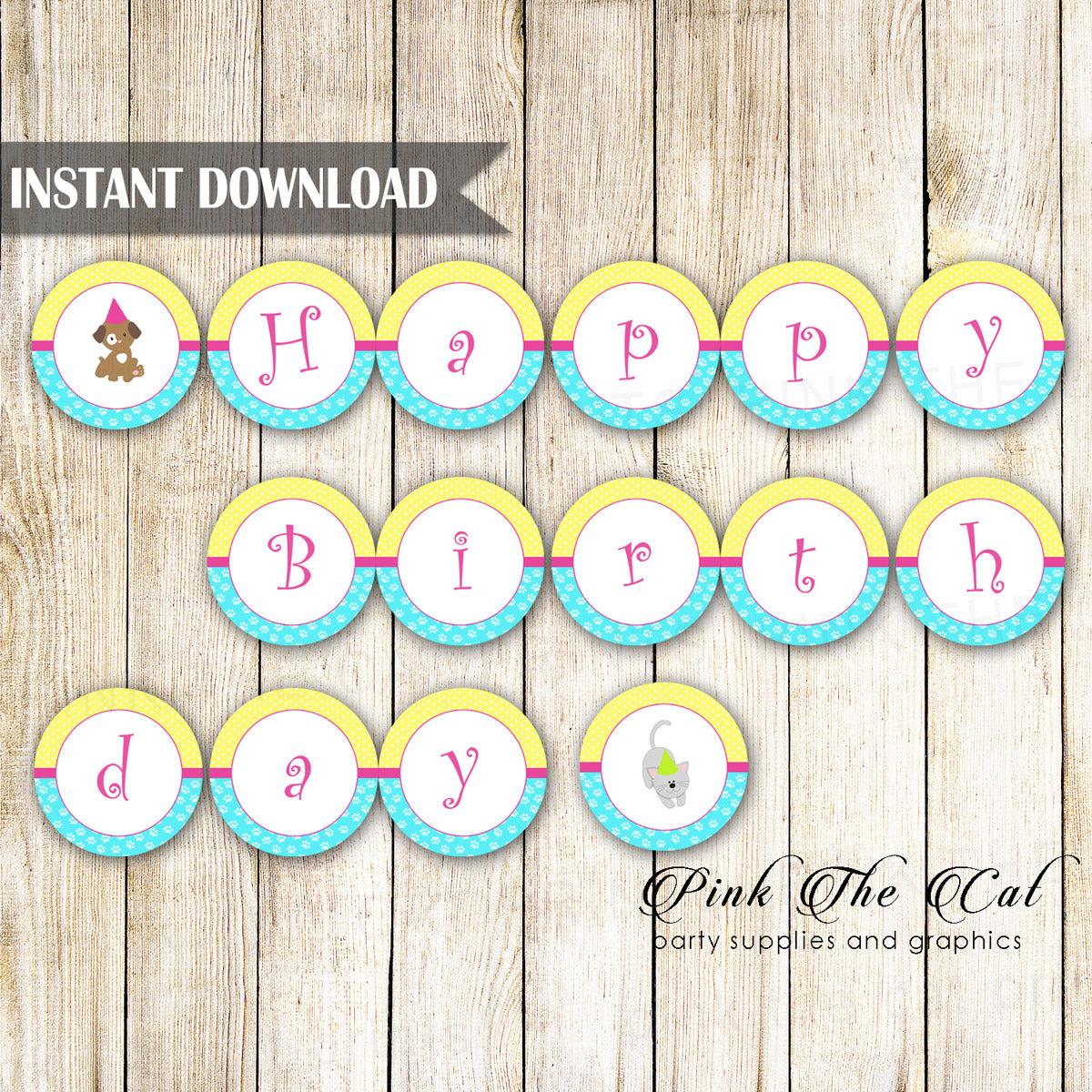 Pawty Puppy Kitten Happy Birthday Banner Kids Party Printable