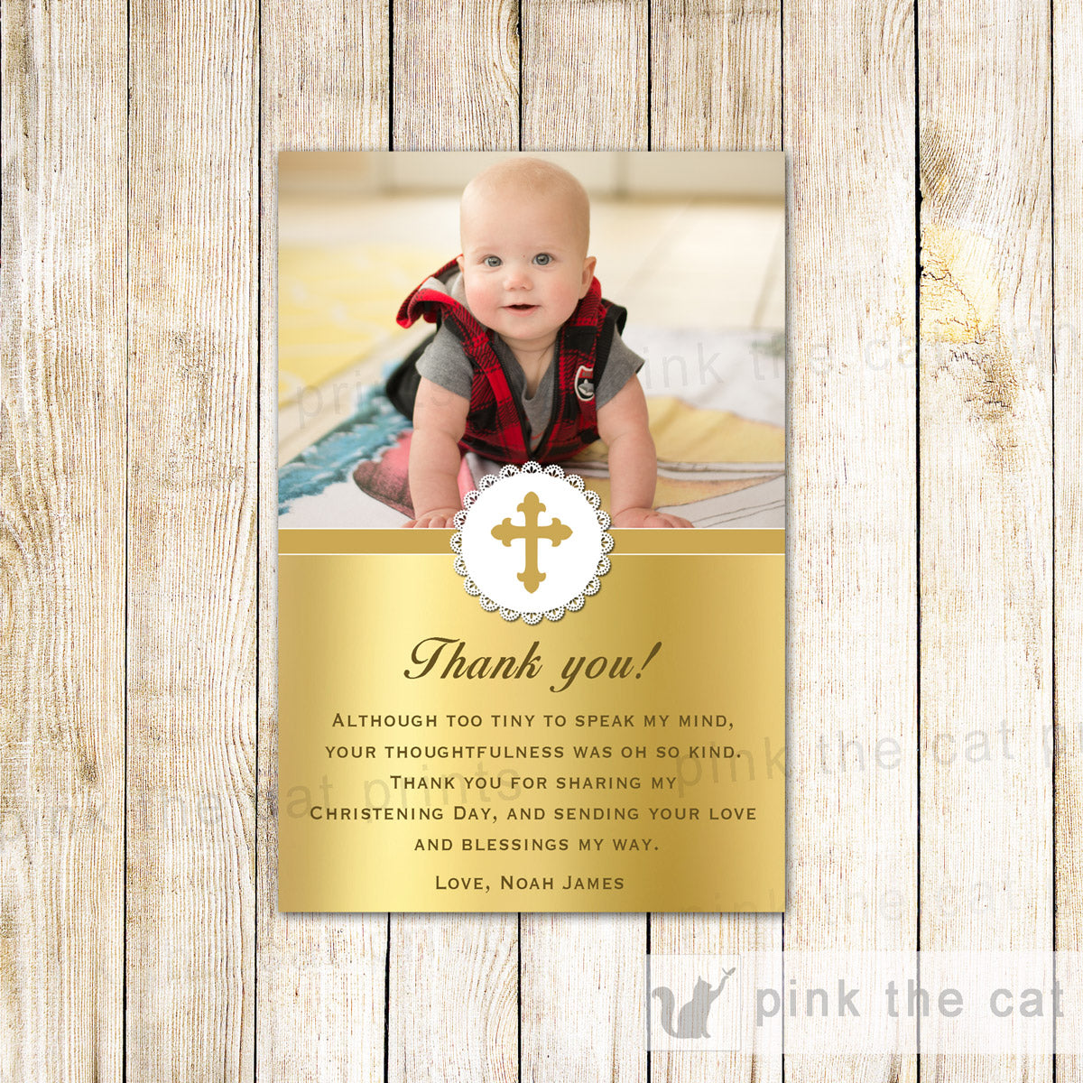 Thank You Notes Baptism Christening Photo Card Gold