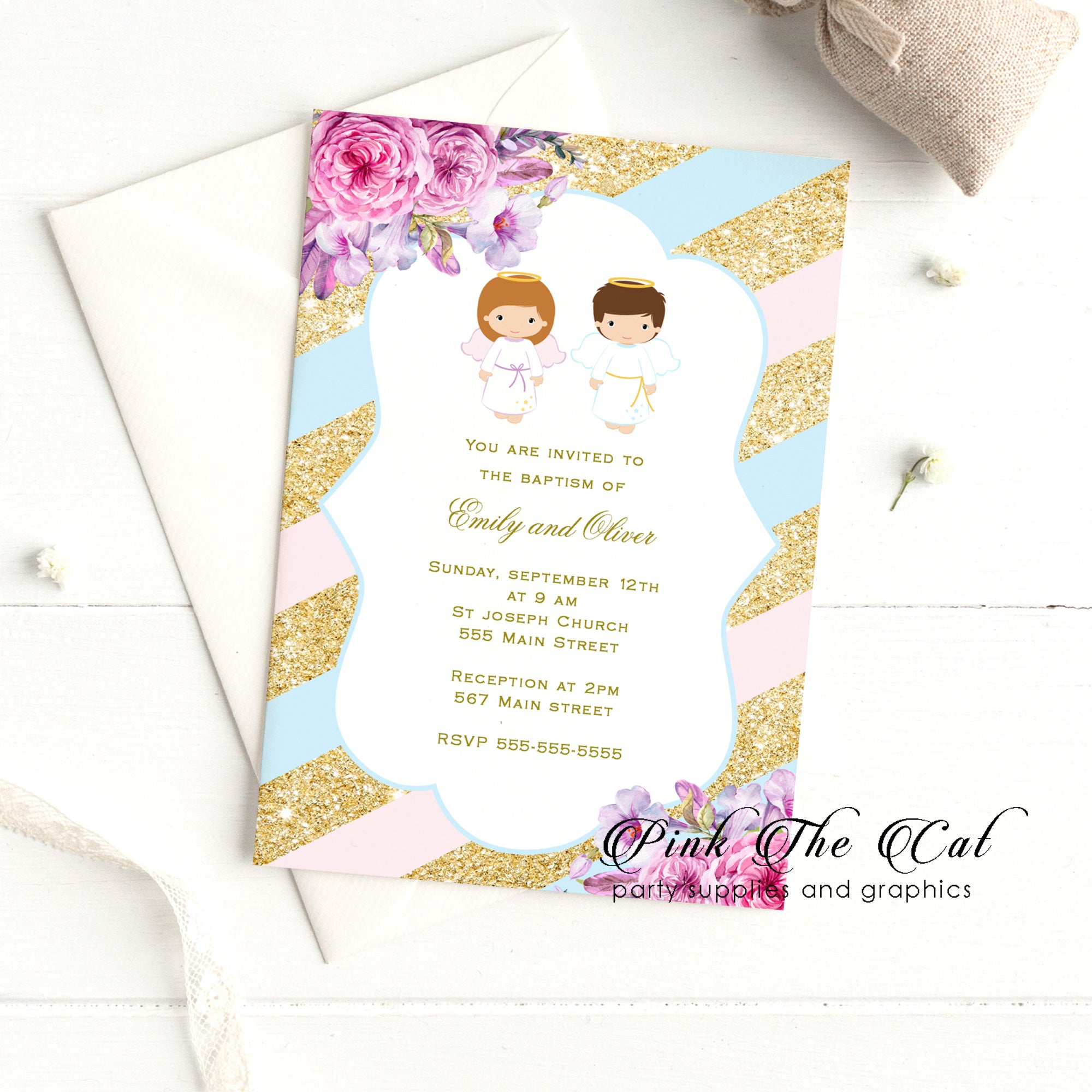 30 Twins angel baptism invitations pink blue gold gender neutral