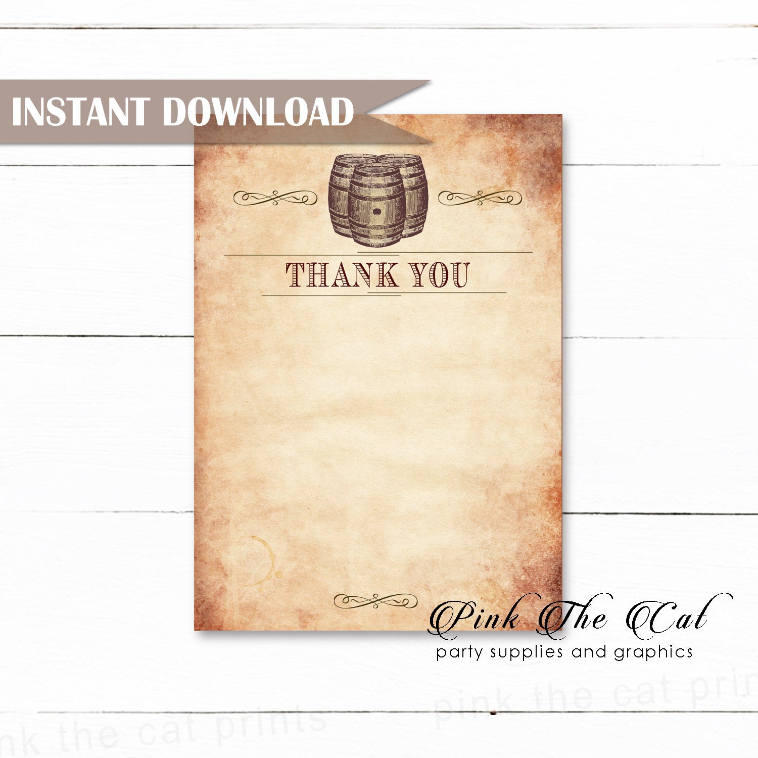 Wine Barrel Rustic Thank You Card Note Birthday Wedding Printable