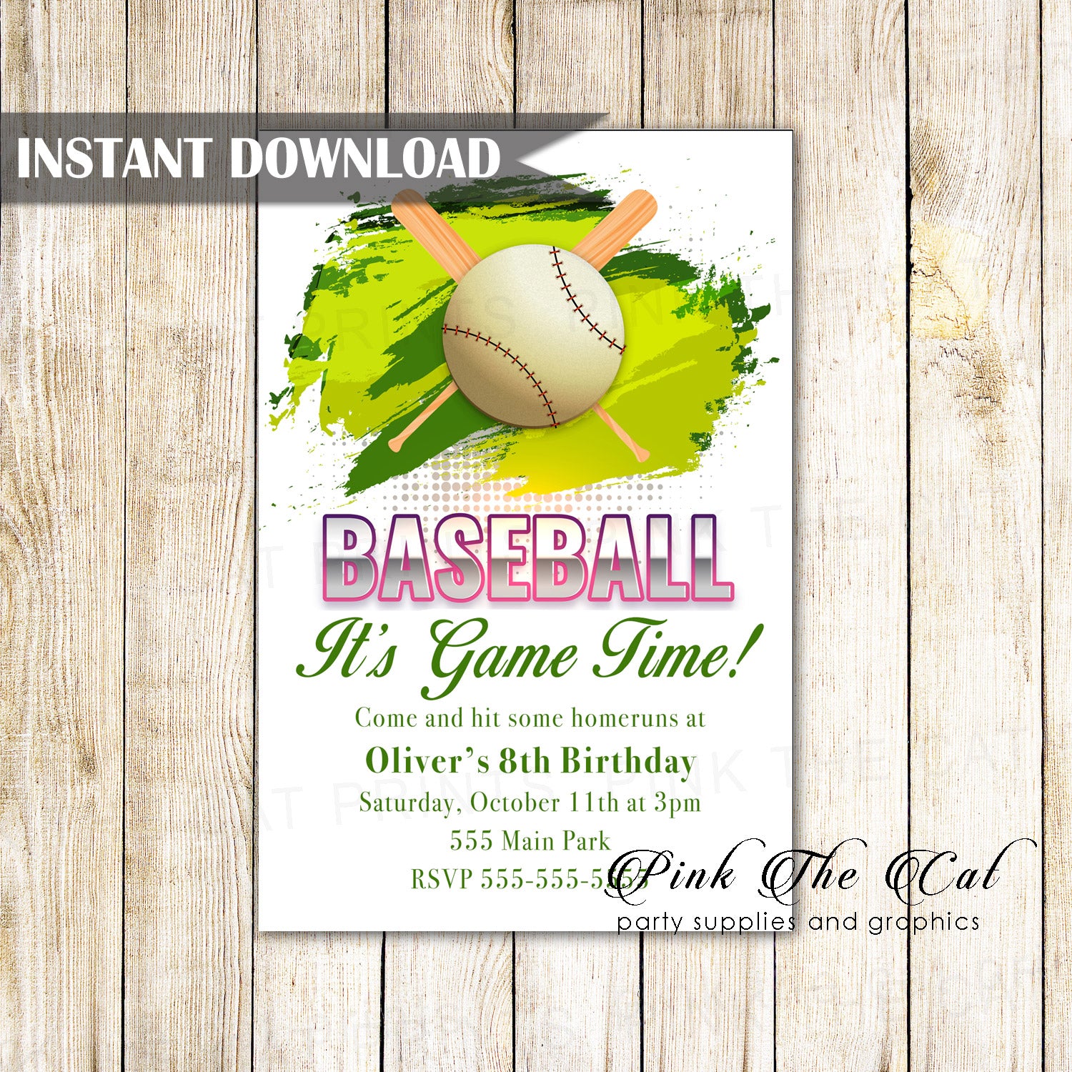 Baseball invitation green printable