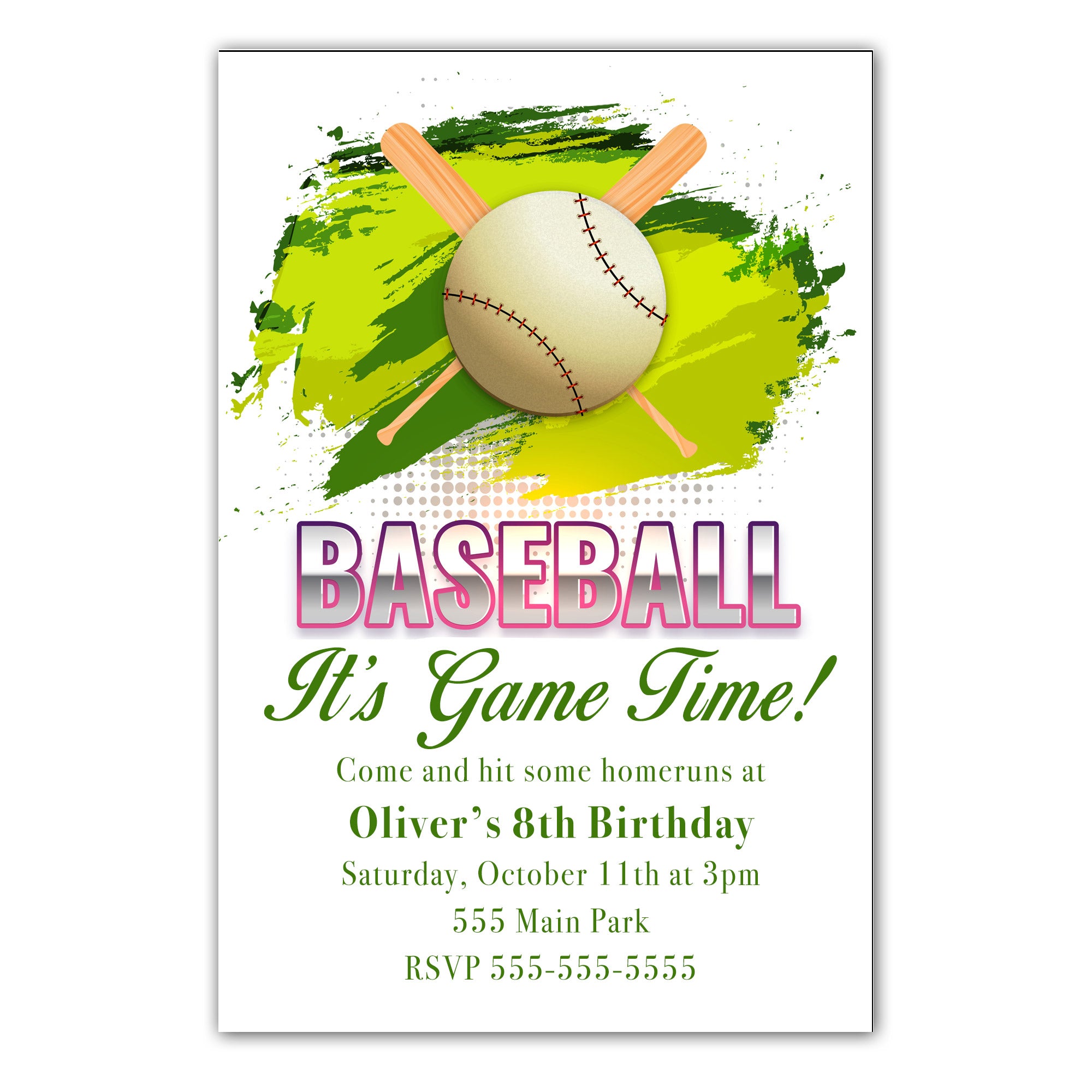 30 Baseball invitation green gender neutral green personalized