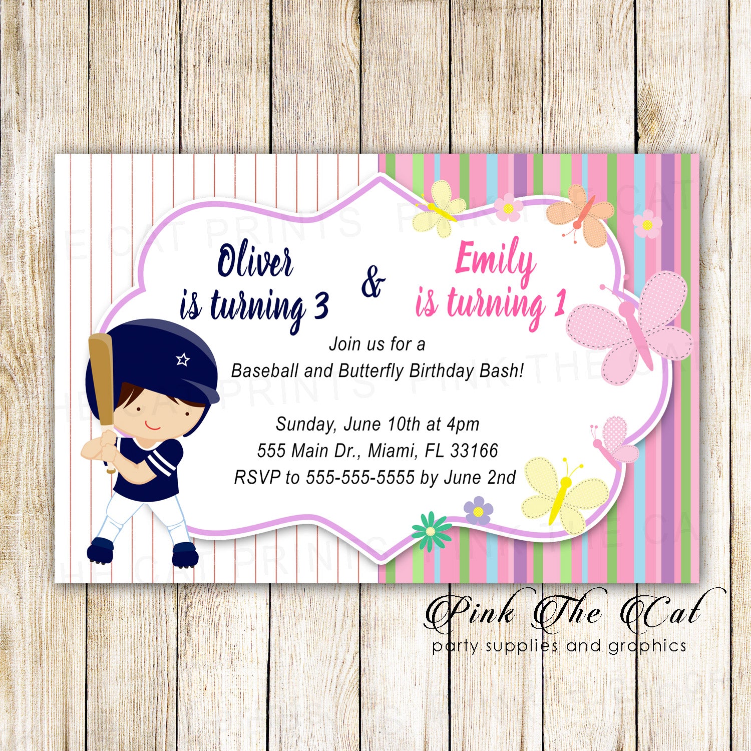 30 invitations baseball butterflies kids birthday joint party