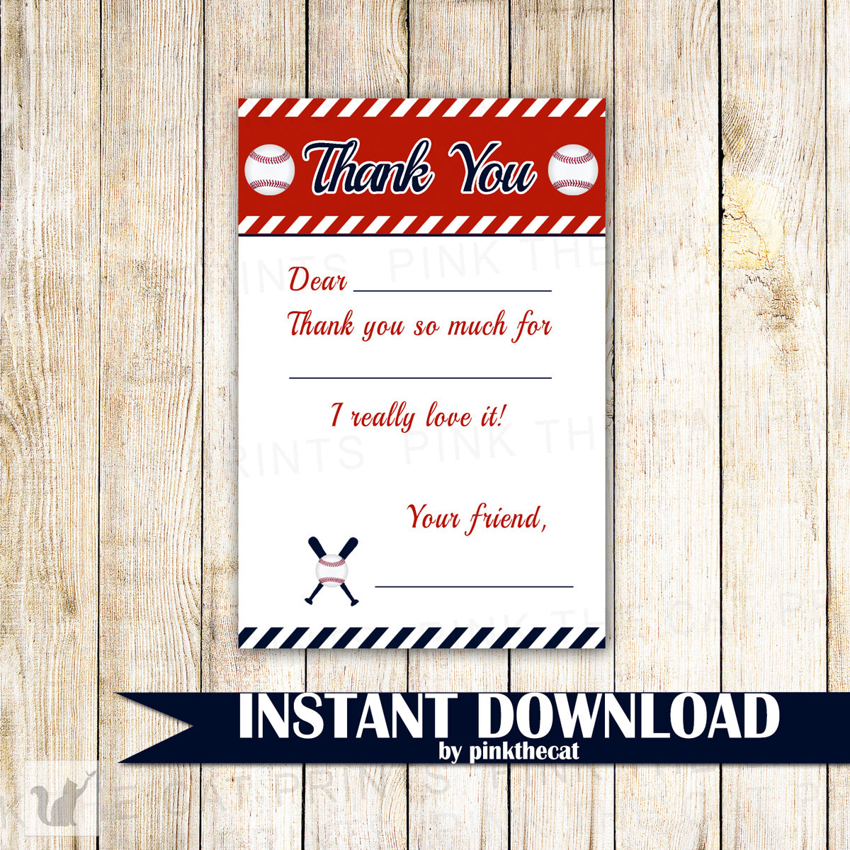 Baseball Blank Thank You Card Note Birthday Fill In Printable