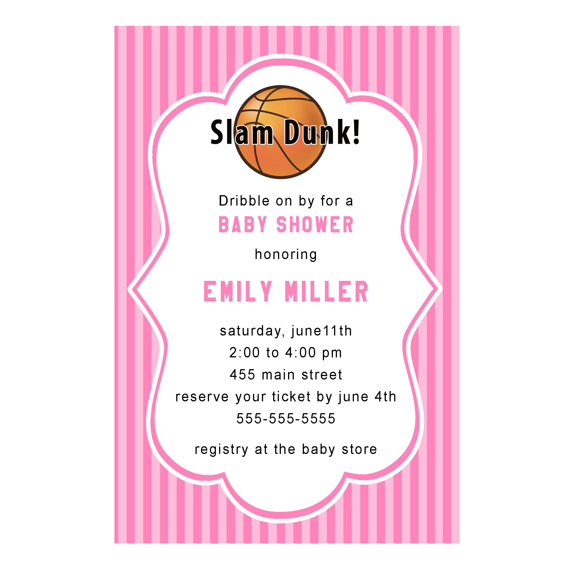 Basketball invitation pink birthday baby shower personalized