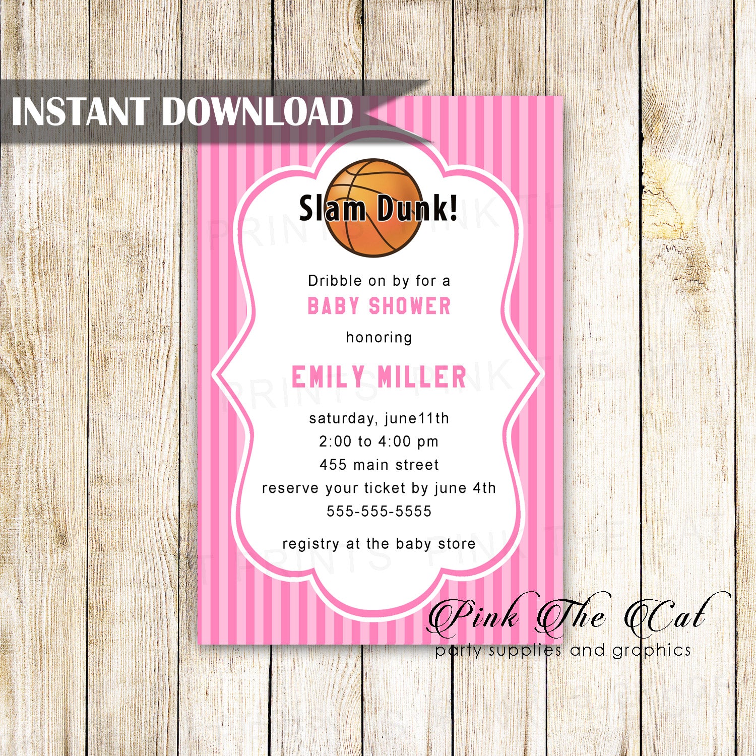 Basketball invitation pink printable
