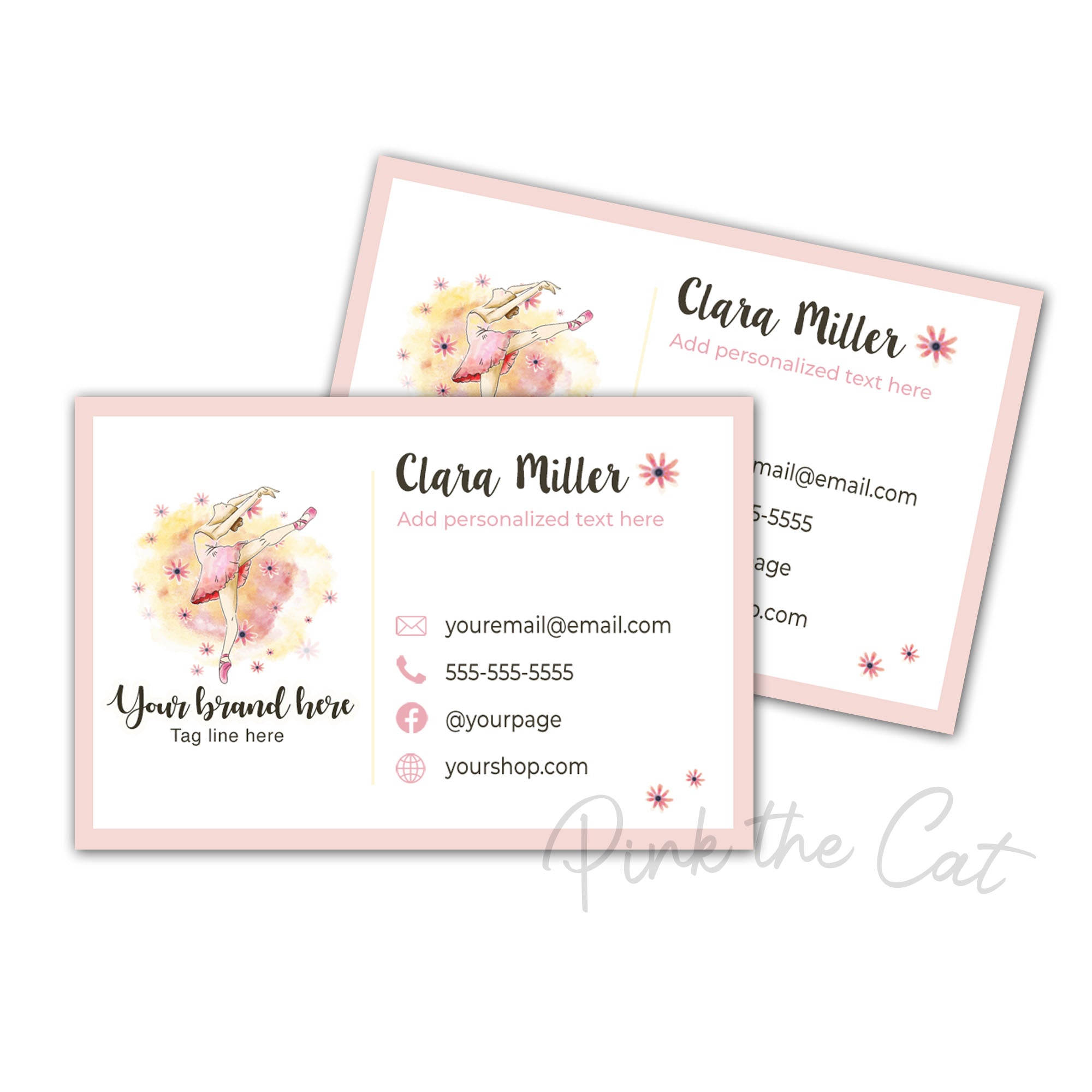 Ballerina dancer business card pink watercolor