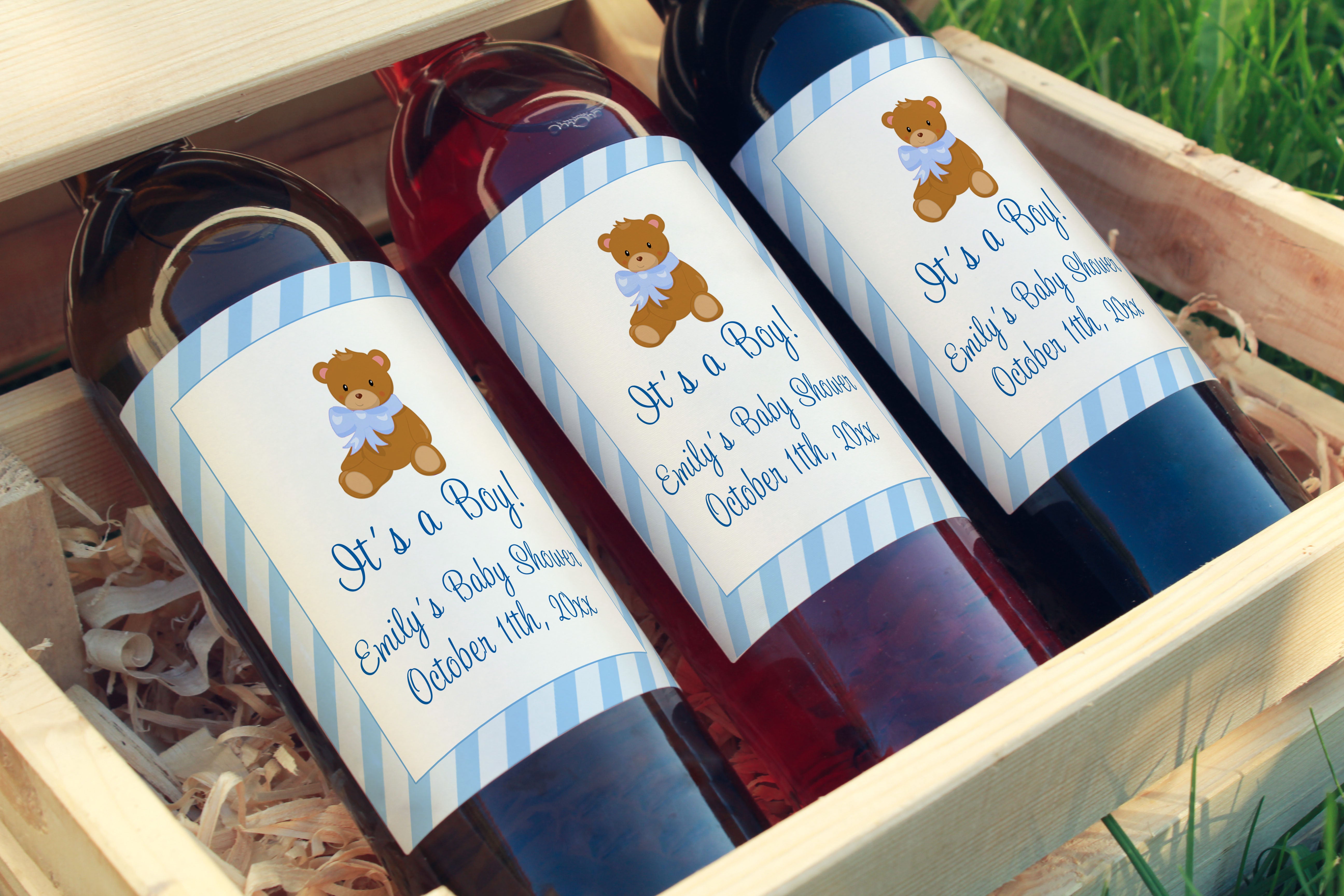 30 wine champagne bottle labels bear baby shower blue waterproof