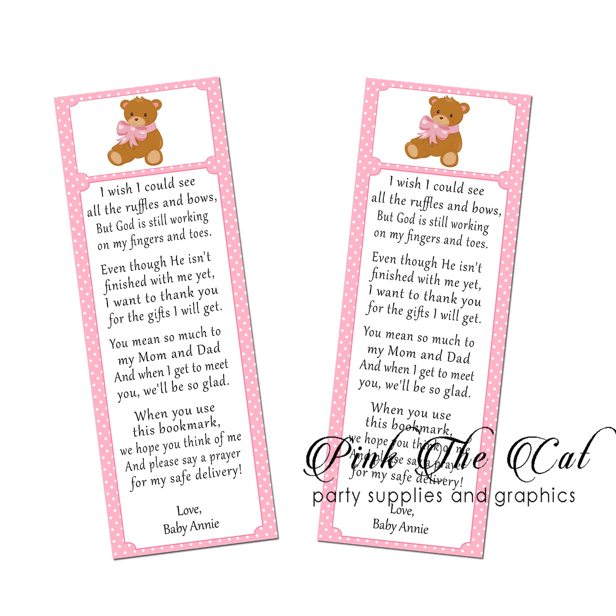 25 Bookmarks Pink Bear Baby Shower