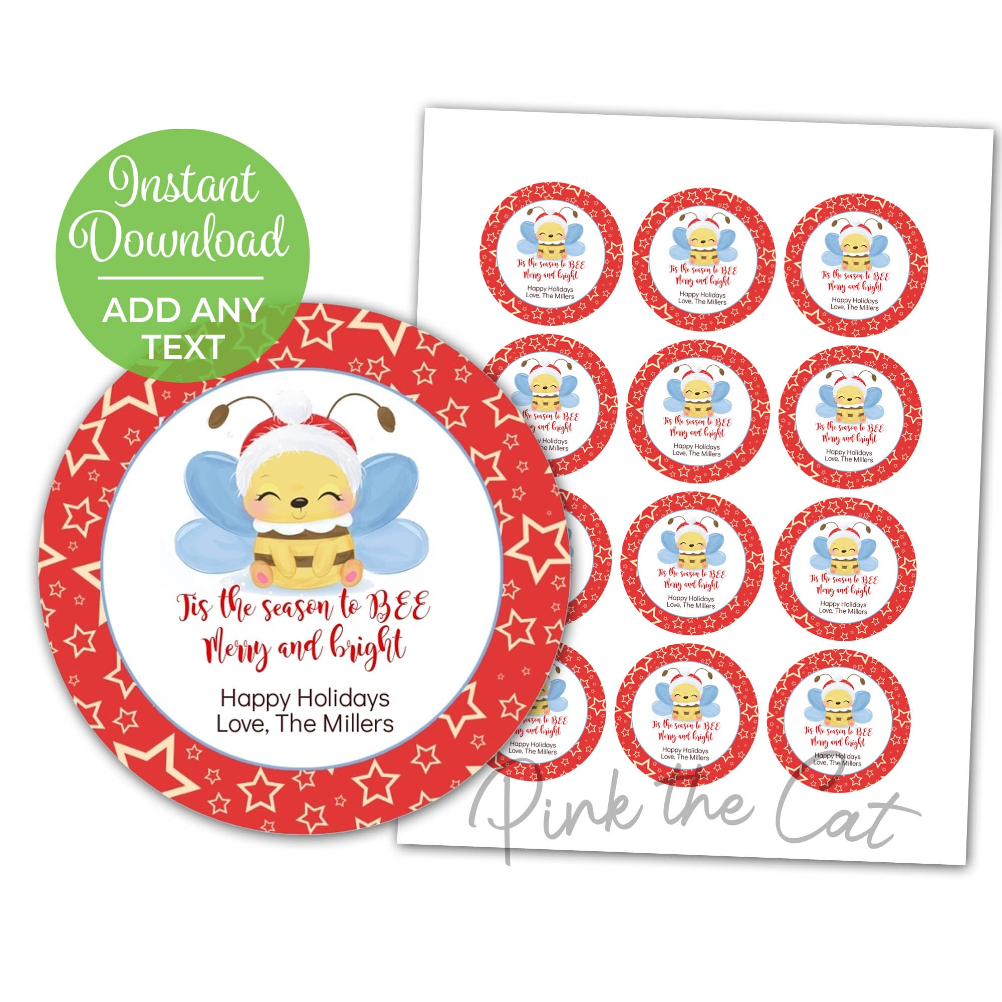 Bee christmas favor label merry & bright printable