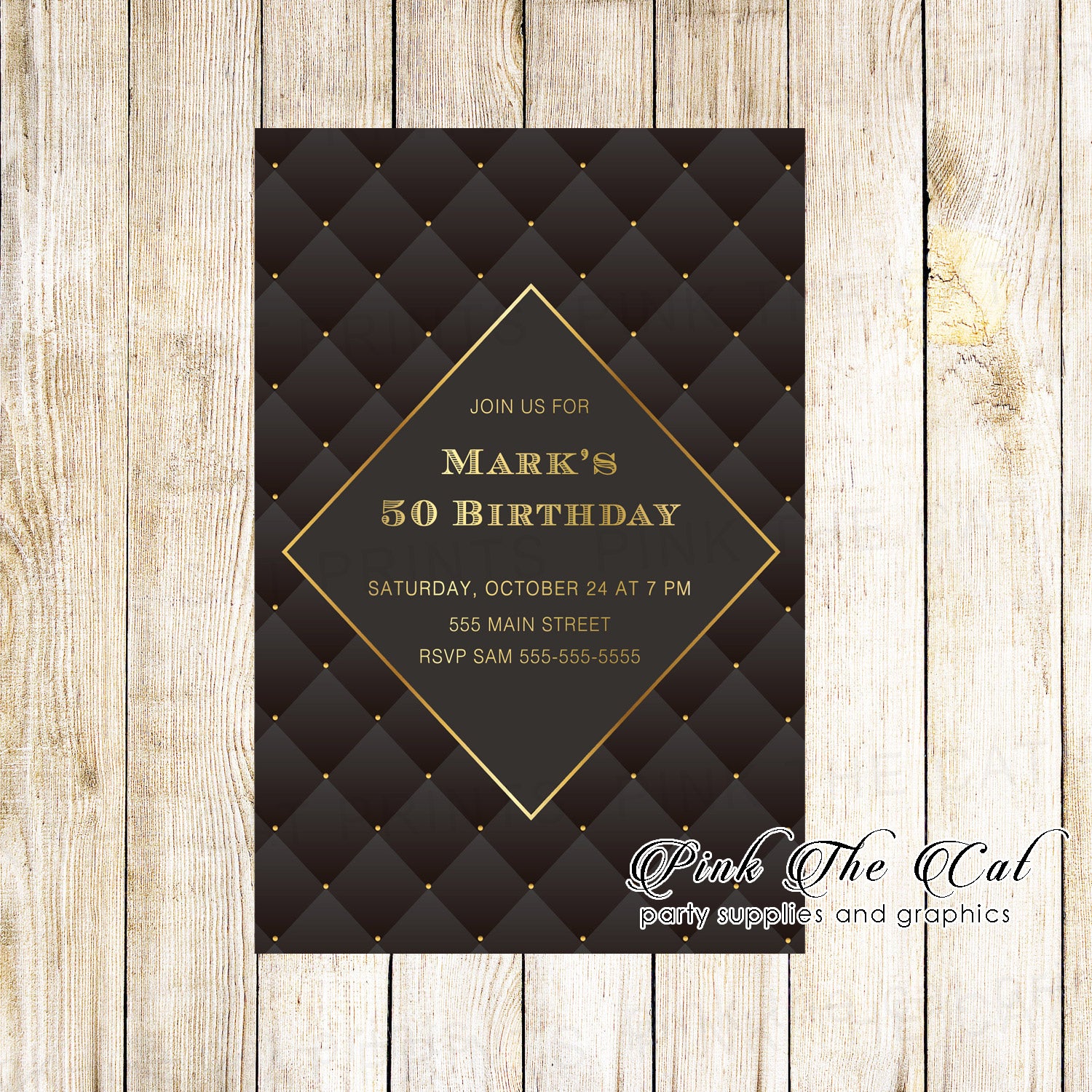 Adult birthday invitation black gold & envelopes (set of 30)