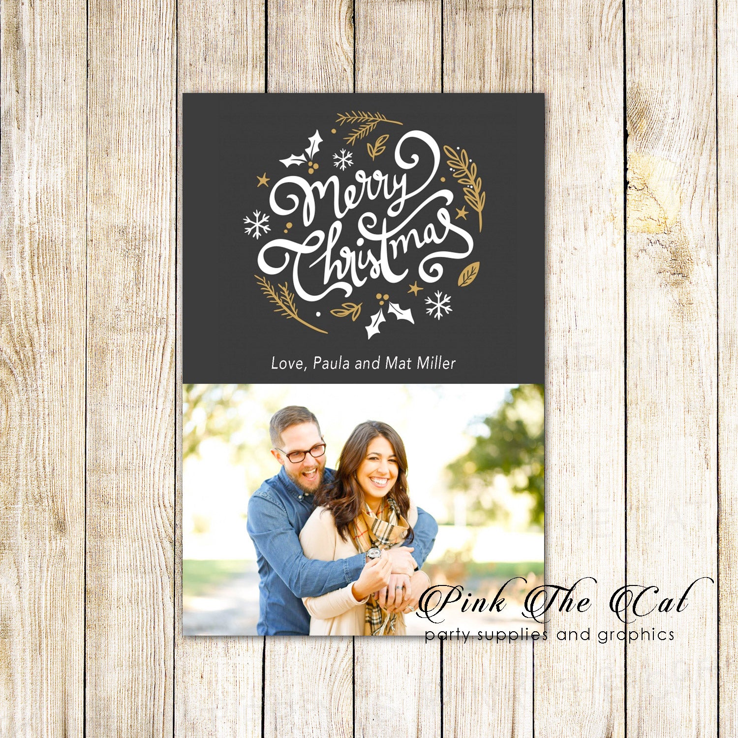 Holiday christmas greeting card with photo black gold