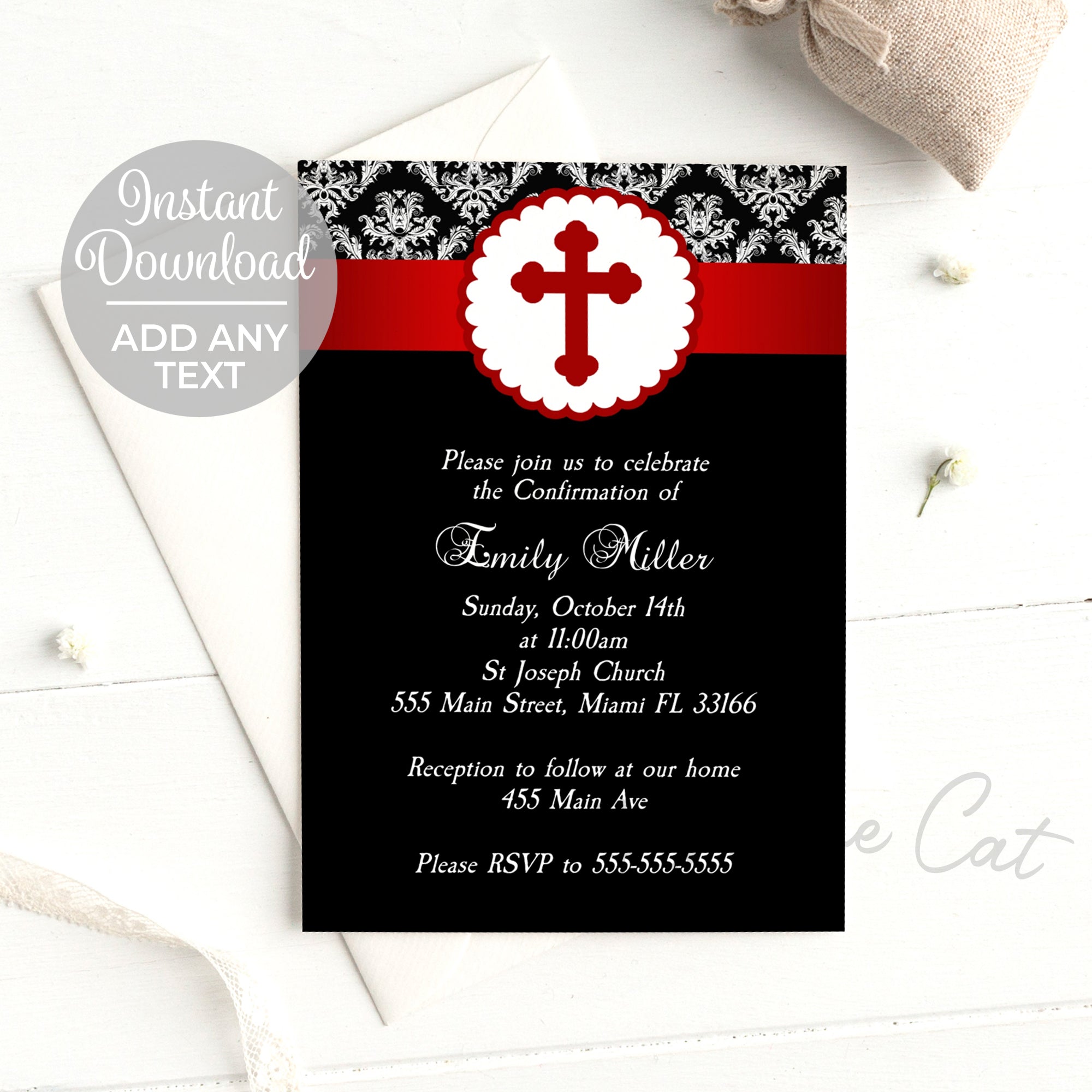 Red black religious invitation confirmation retirement