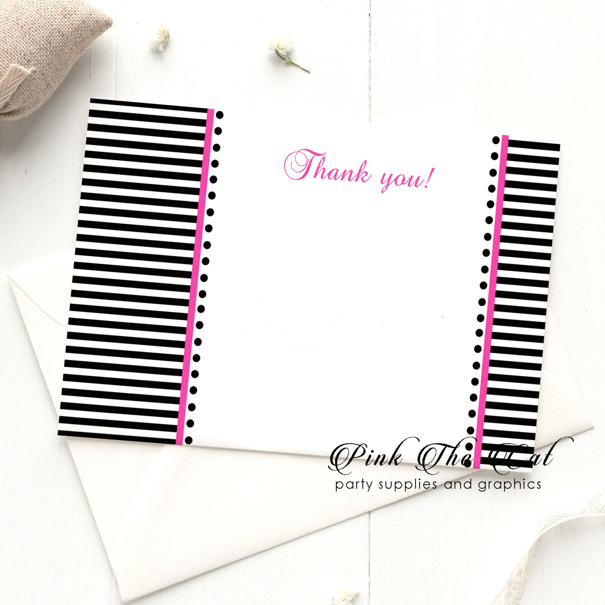 30 Black white pink stripes thank you card with envelopes