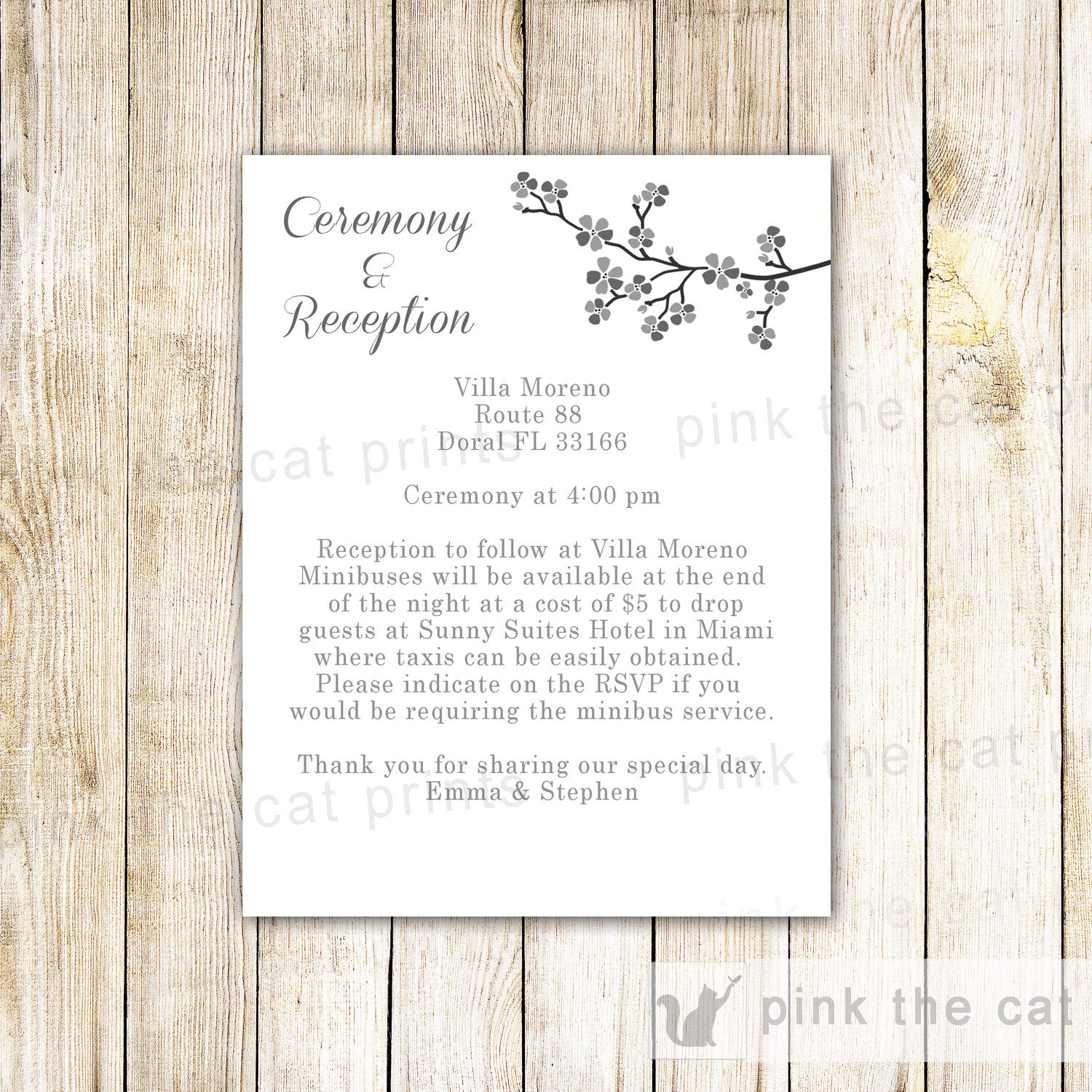 Wedding Ceremony Reception Card Blossom Chery Grey