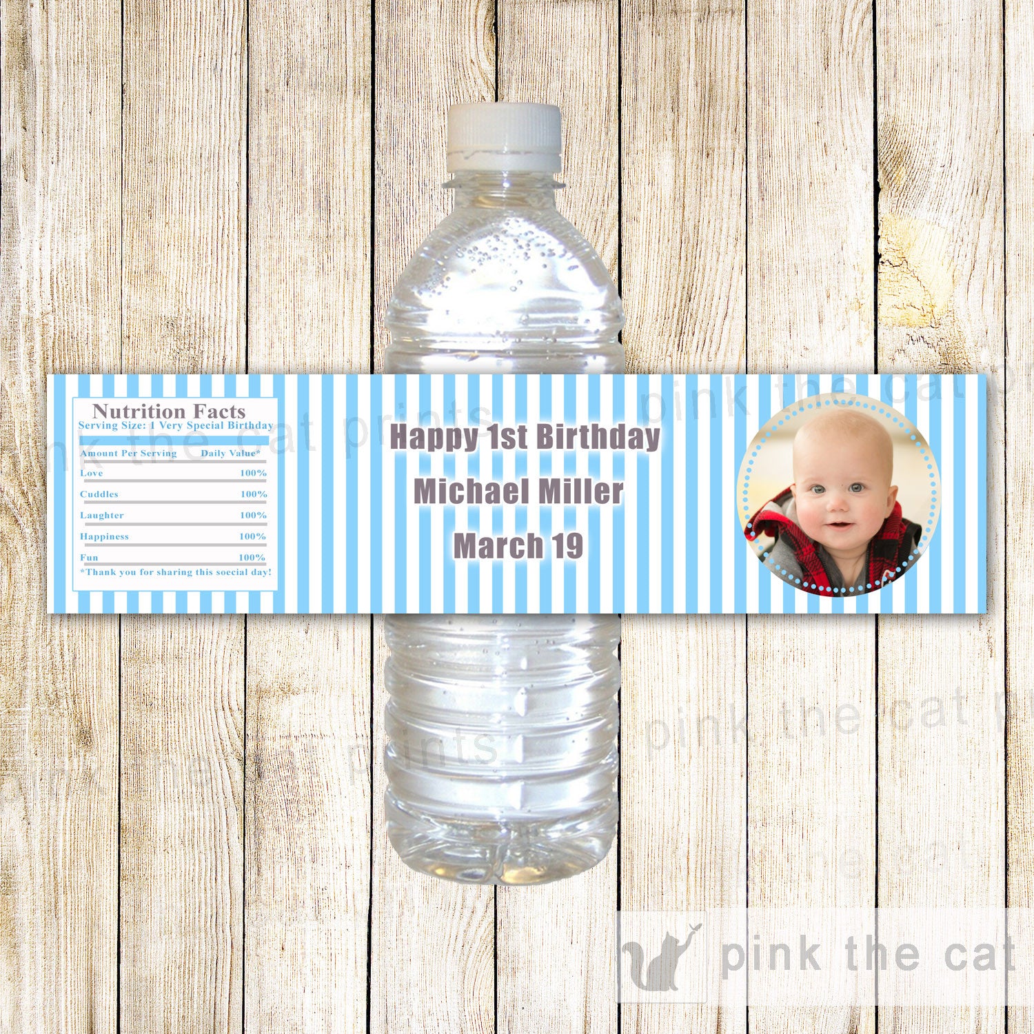 Blue Stripes Boy or Adult Birthday Bottle Label with Photo
