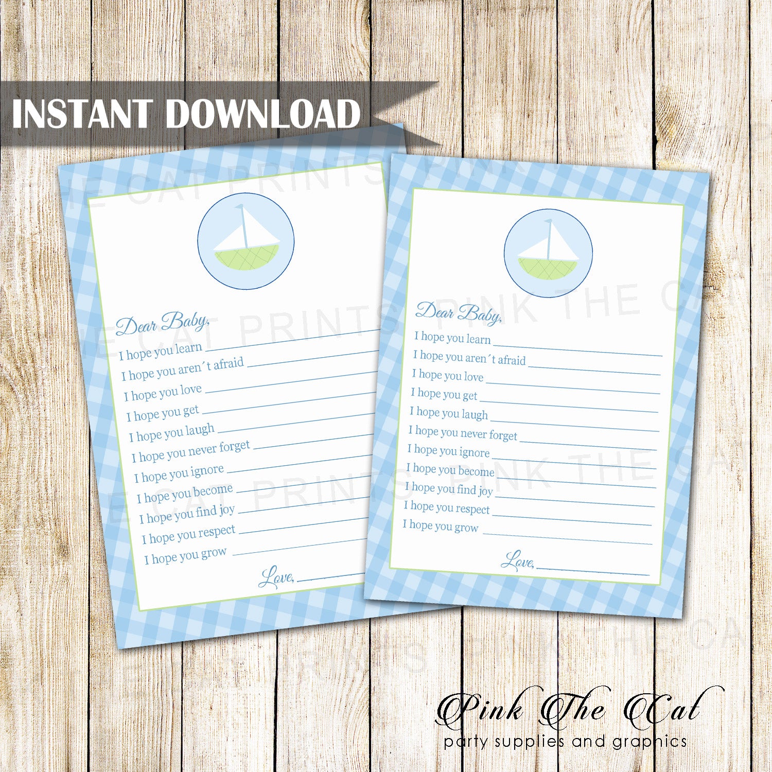 Wishes for Baby Boat Sailing Baby Shower Blue Printable Template
