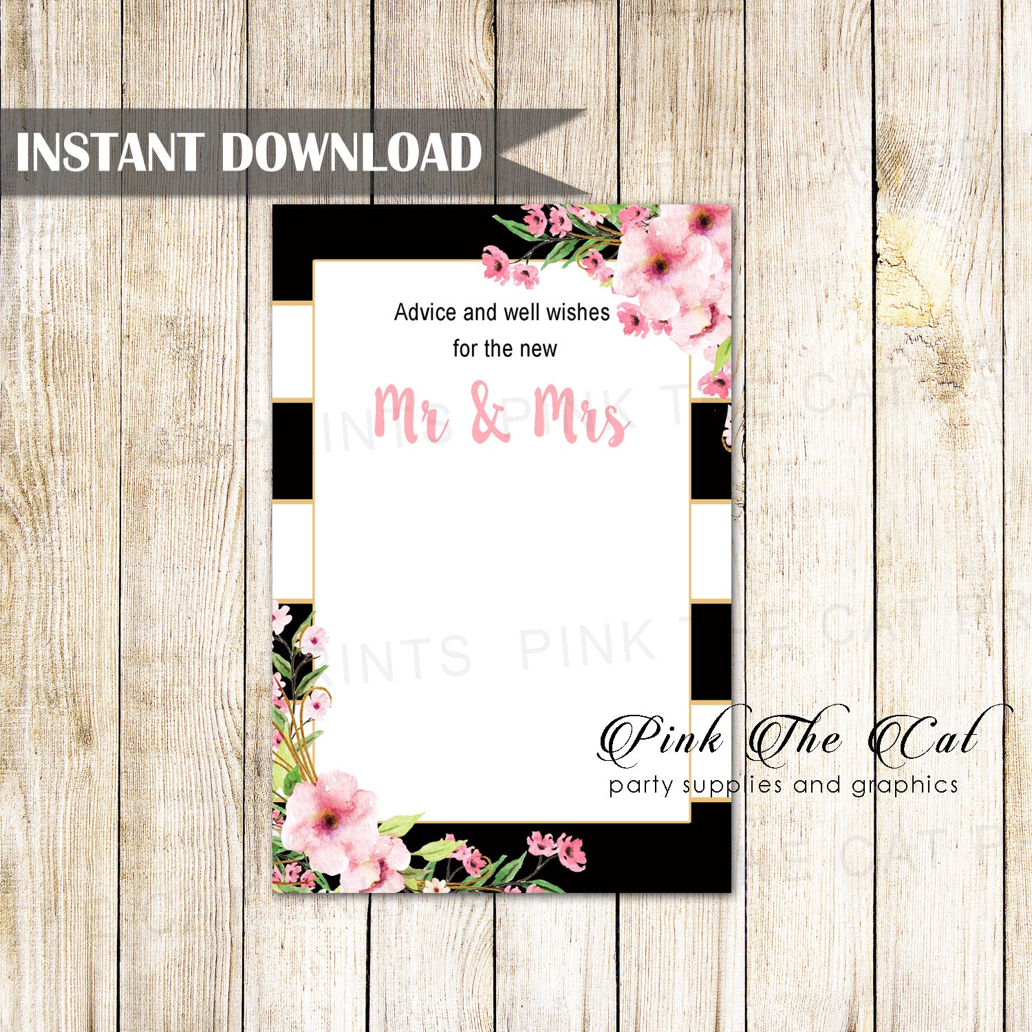  Wedding well wishes advice cards pink floral black printable