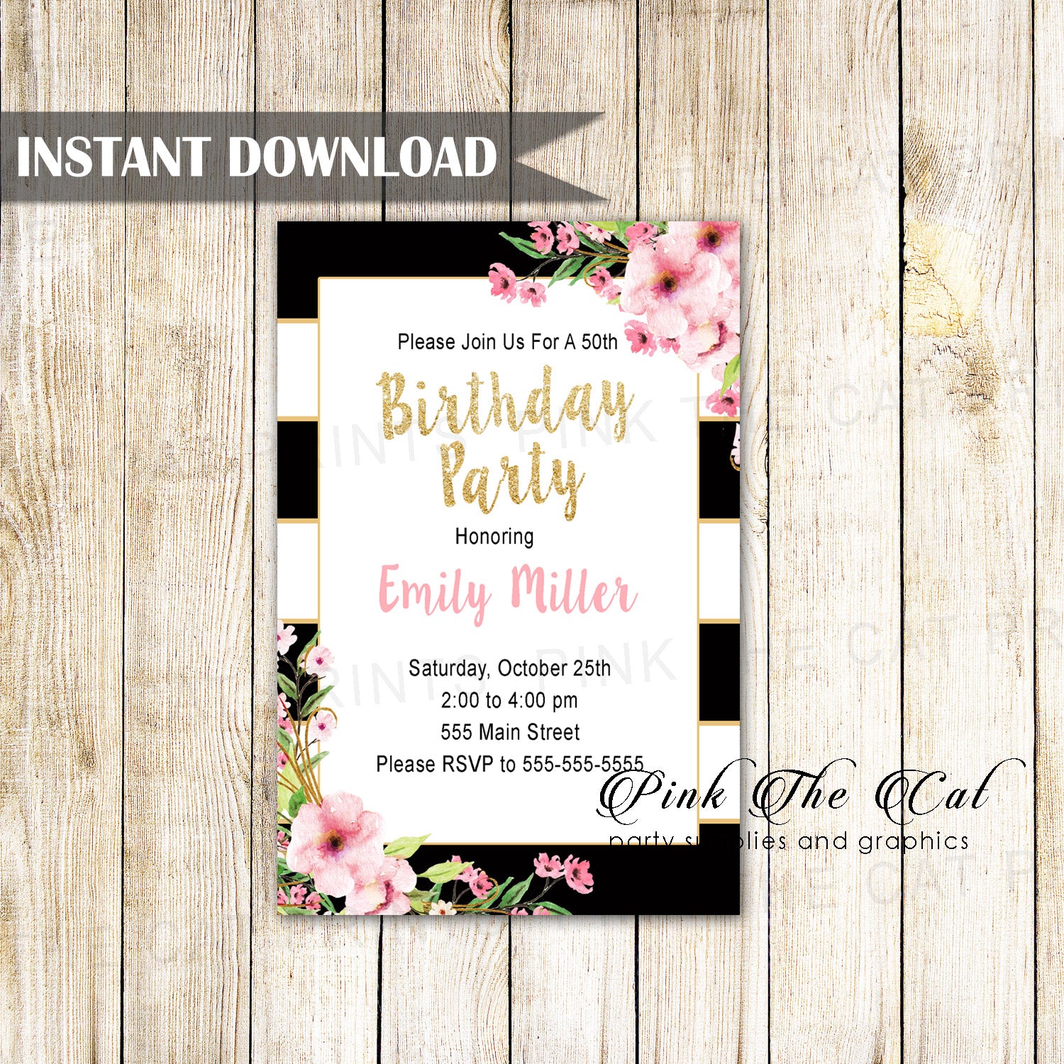 Glitter Pink Floral Adult Kids Birthday Invitation Printable