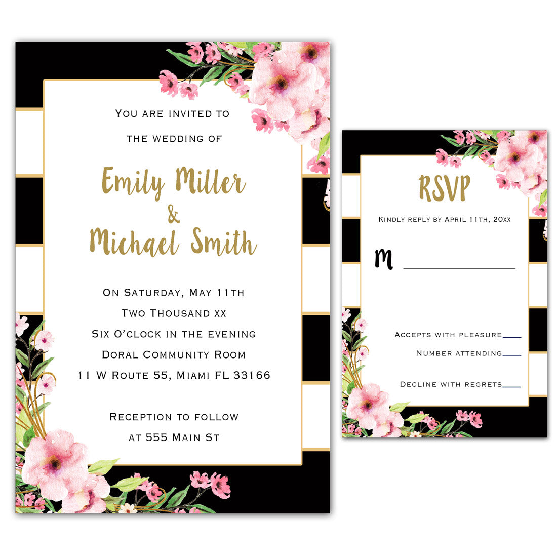 Wedding Invitations Floral Pink Gold Black & RSVP Cards Printable