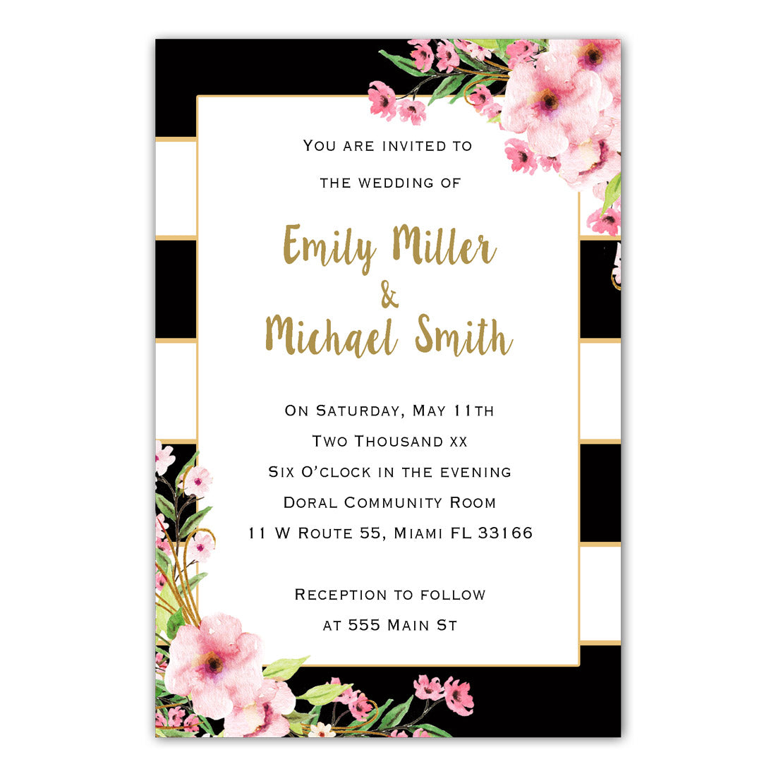 Wedding Invitations Blush Pink Floral Black Gold Stripes Printable