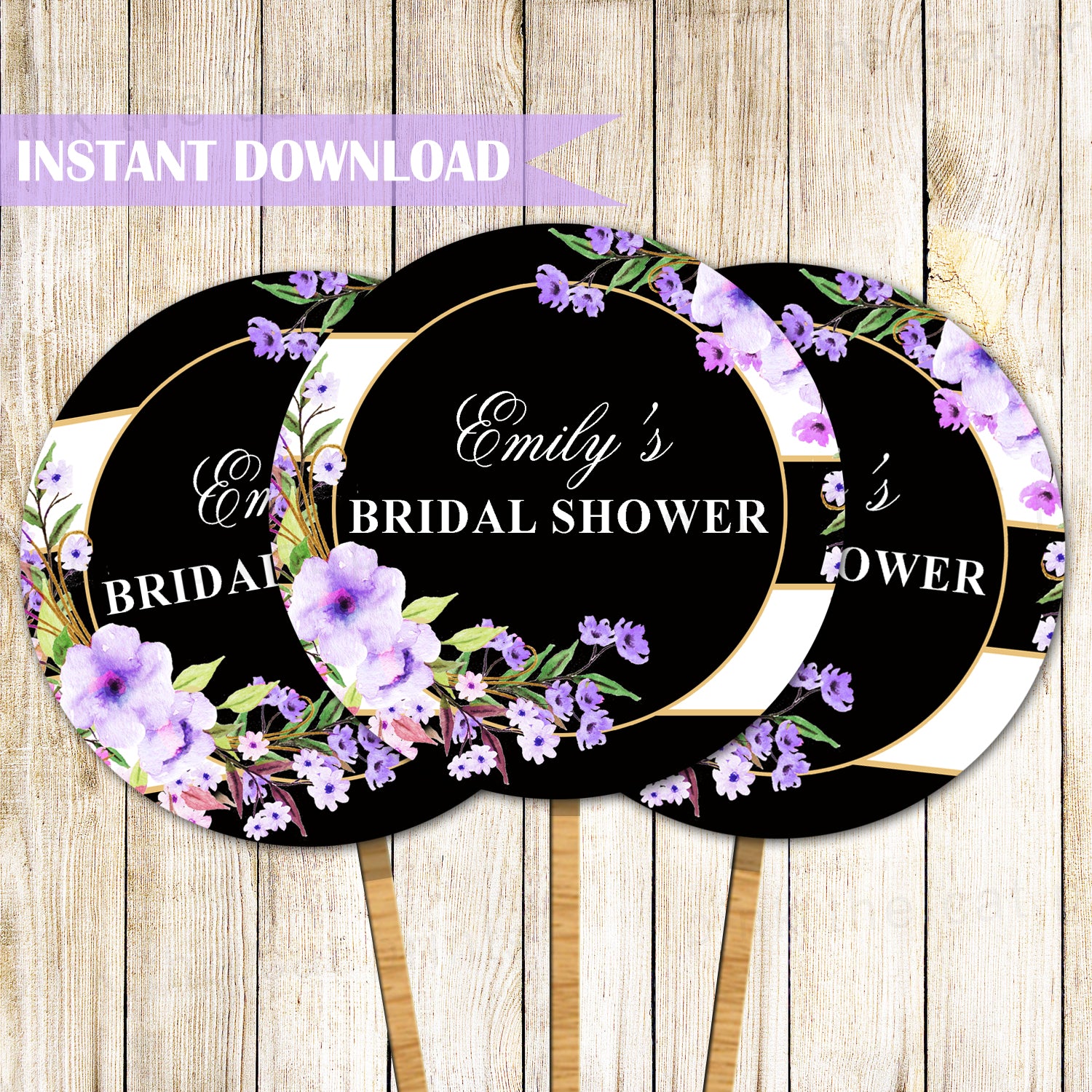 Floral Cupcake Toppers Birthday Bridal Shower Purple Black Printable