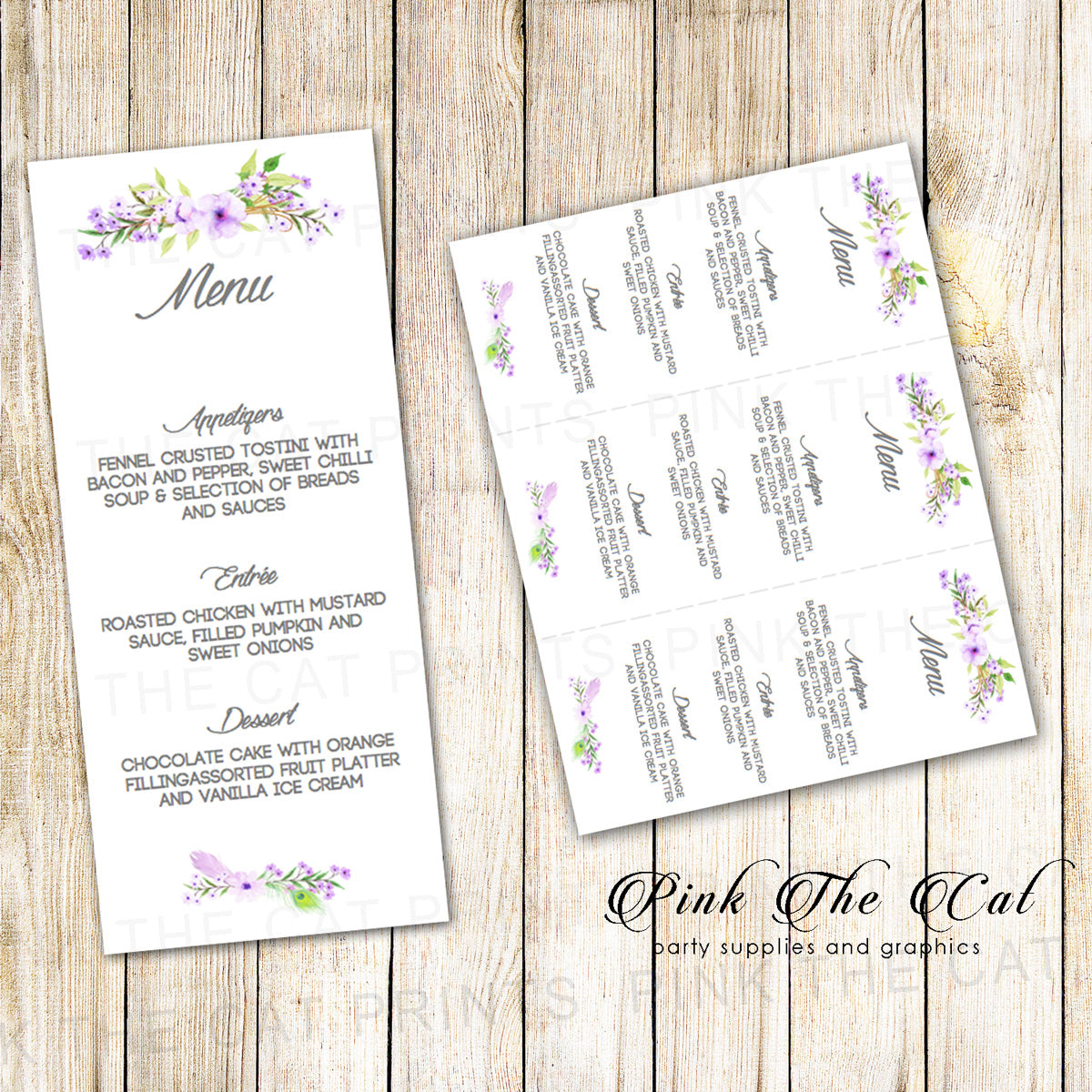 Floral Menu Card Bohemian Wedding Lavender Purple Printable