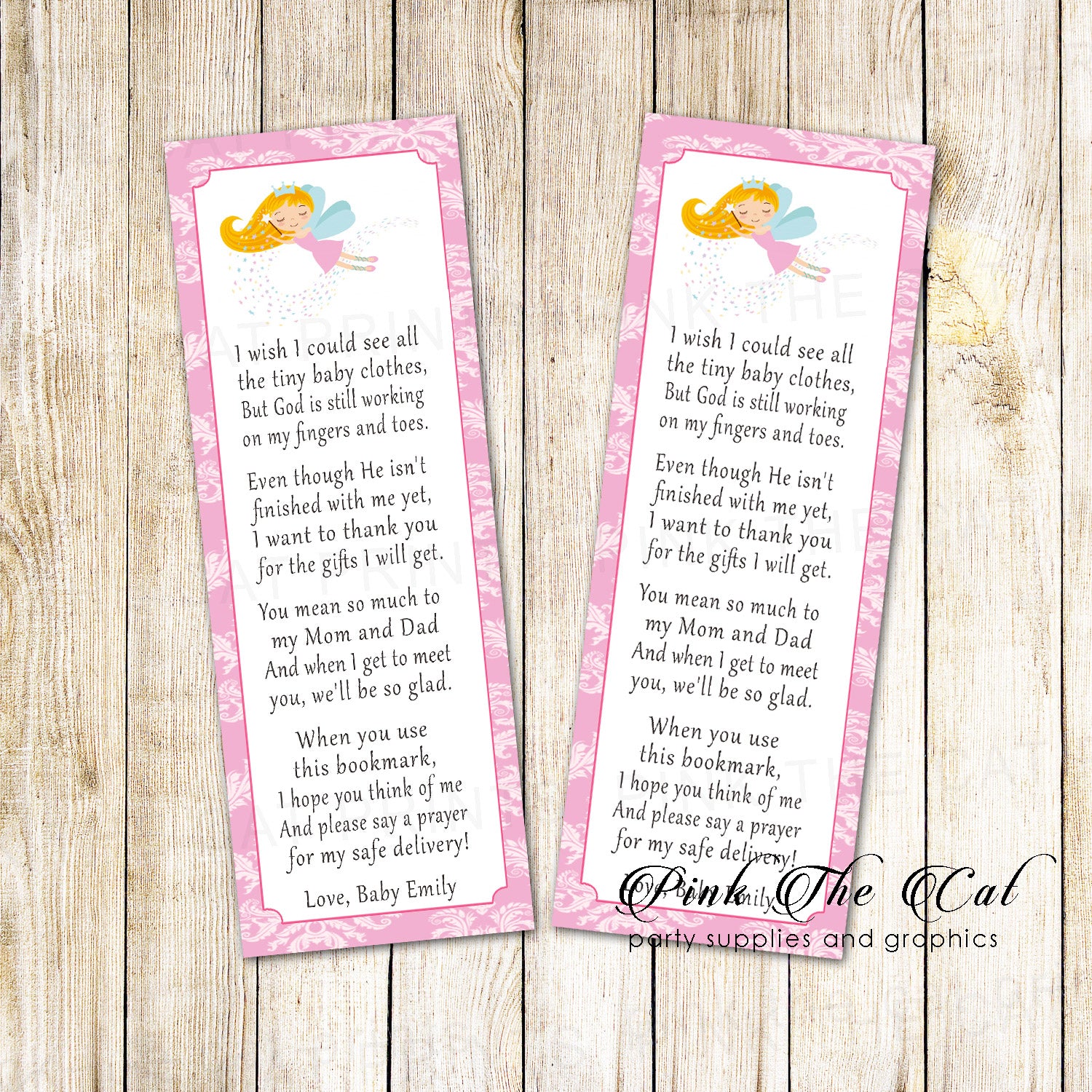 Bookmarks pink fairy baby girl shower printable personalized