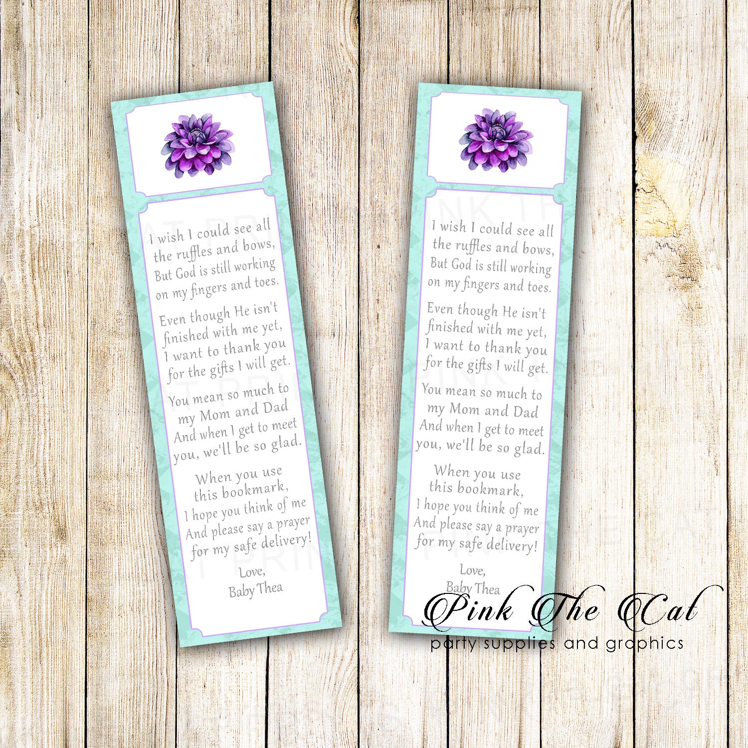 Dhalia baby shower favor bookmark purple mint printable