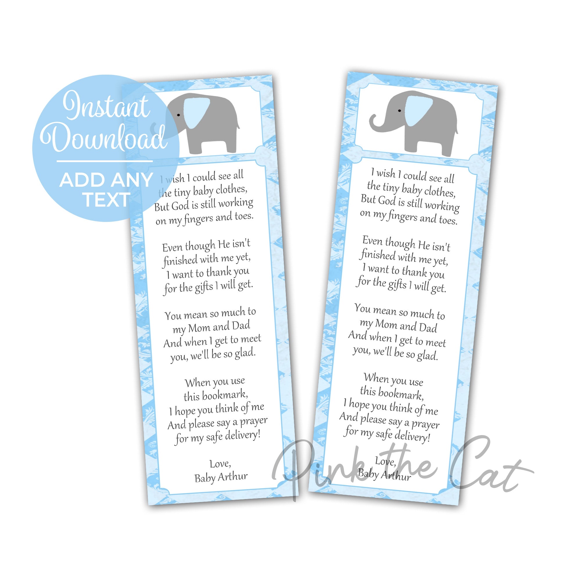Elephant Bookmarks Boy Baby Shower Favors Blue Gray Printable