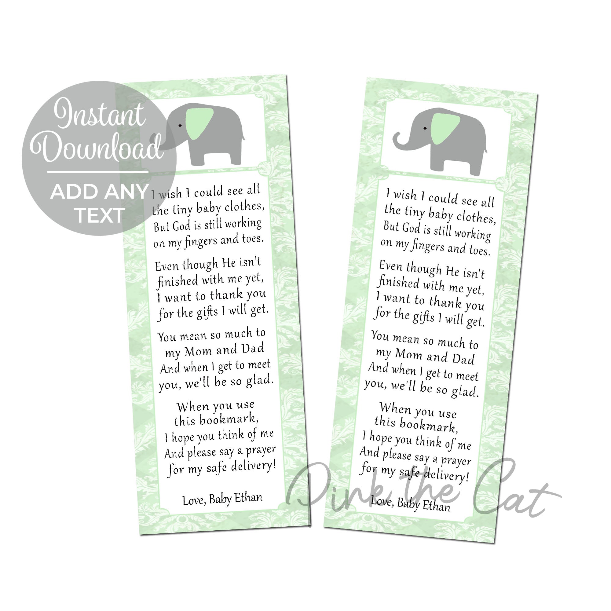 Elephant green bookmark printable