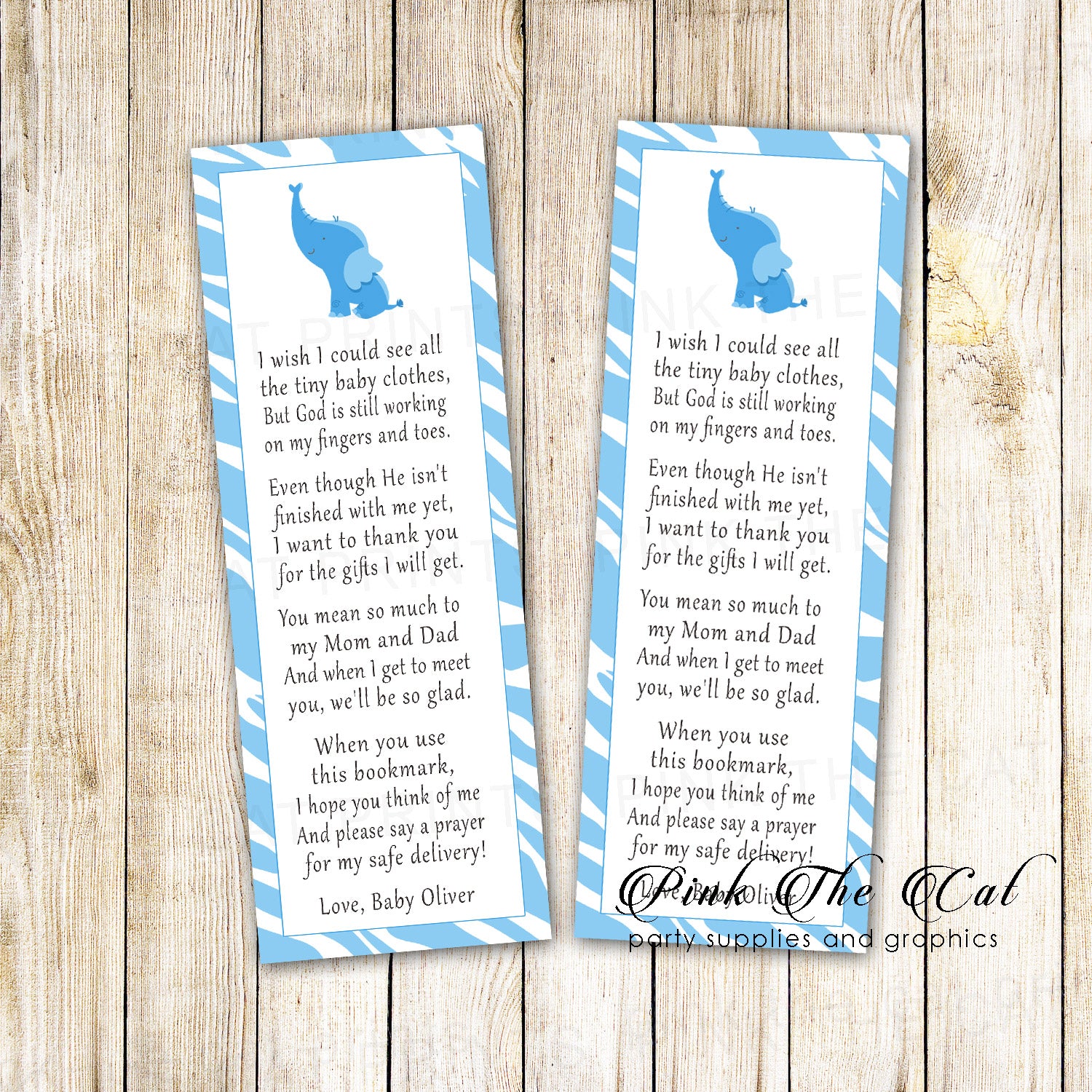 25 bookmarks blue elepant baby shower personalized with name