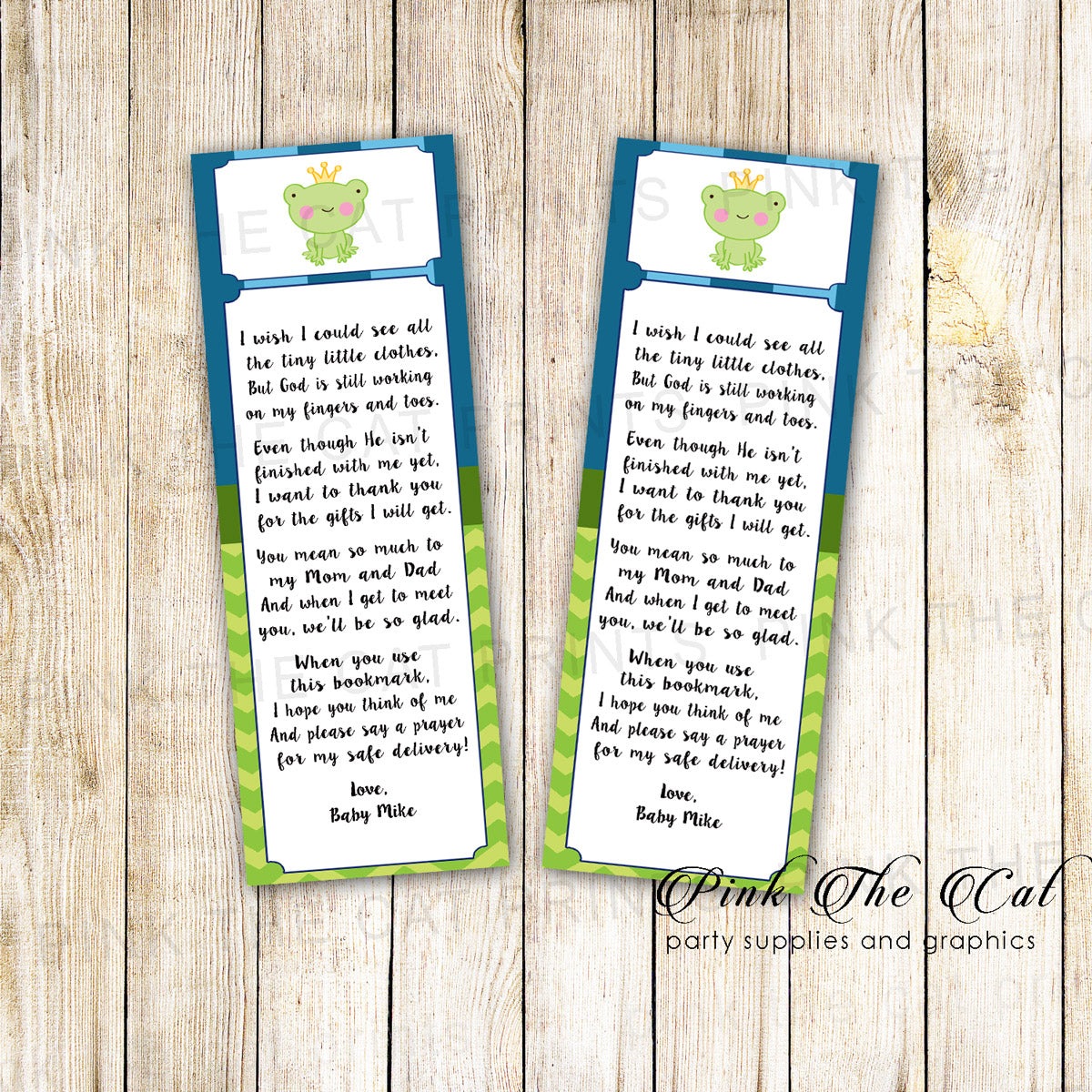 50 Printed Bookmarks Baby Shower Prince Frog Blue Green